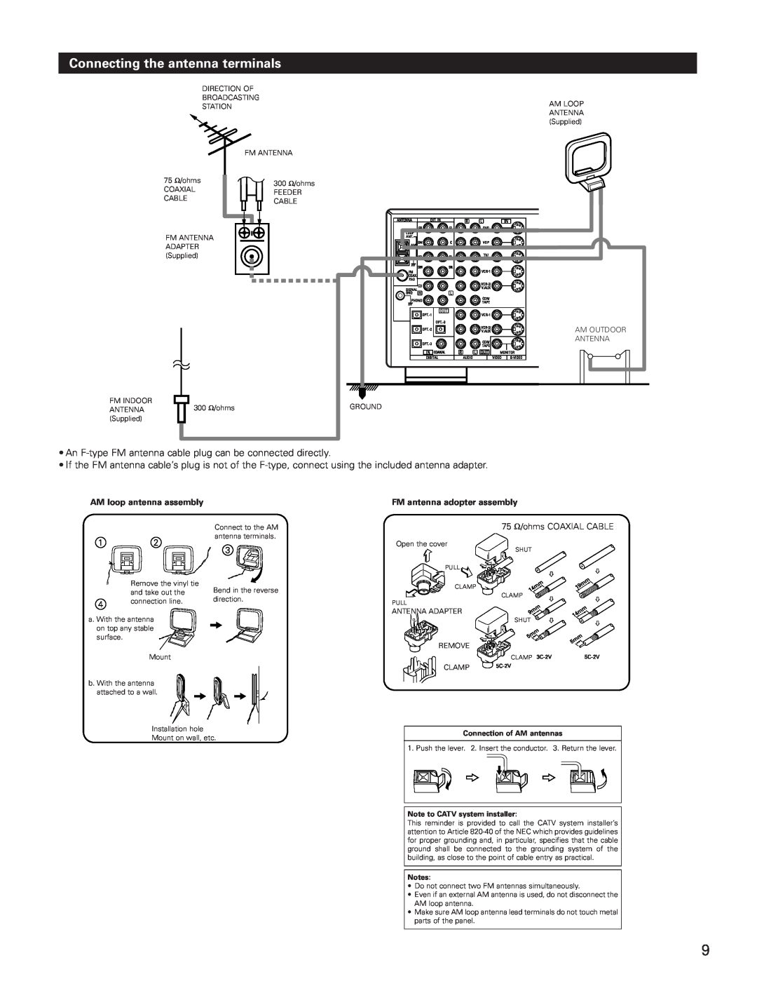 Denon AVR-3801 manual Connecting the antenna terminals, AM loop antenna assembly, FM antenna adopter assembly 