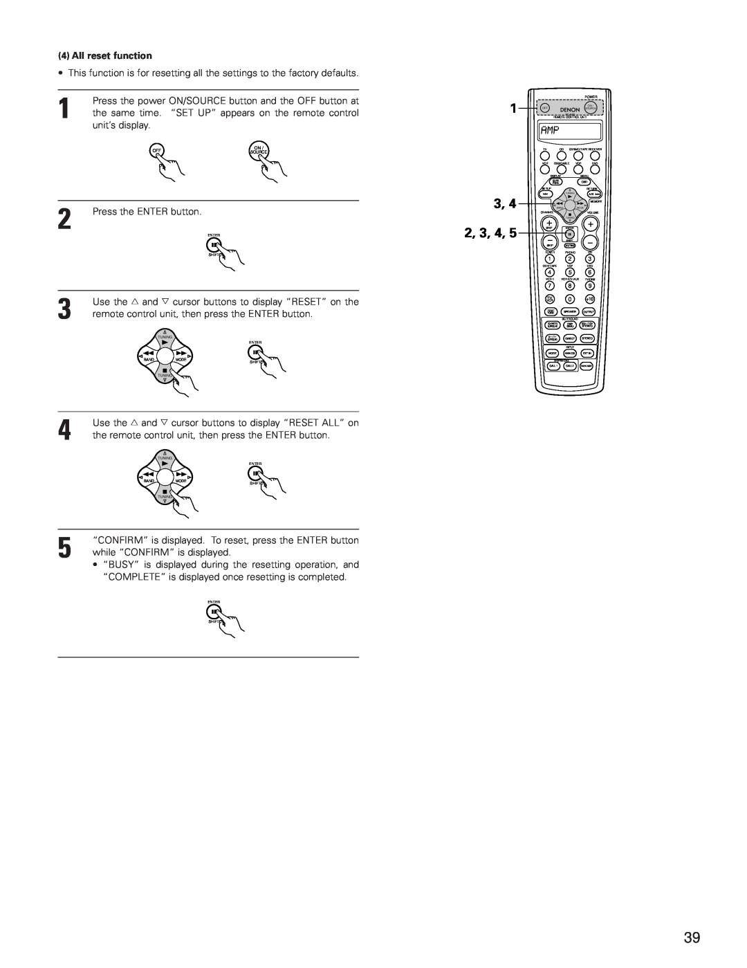Denon AVR-3801 manual 1 3, 4, All reset function 