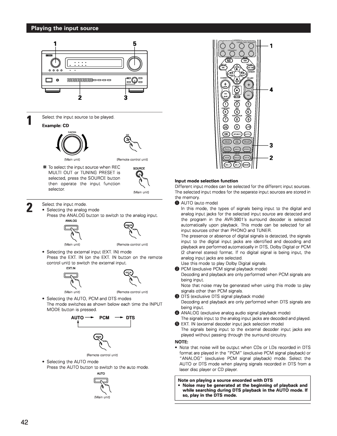 Denon AVR-3801 manual Playing the input source, Example CD, Auto Pcm Dts, Input mode selection function 