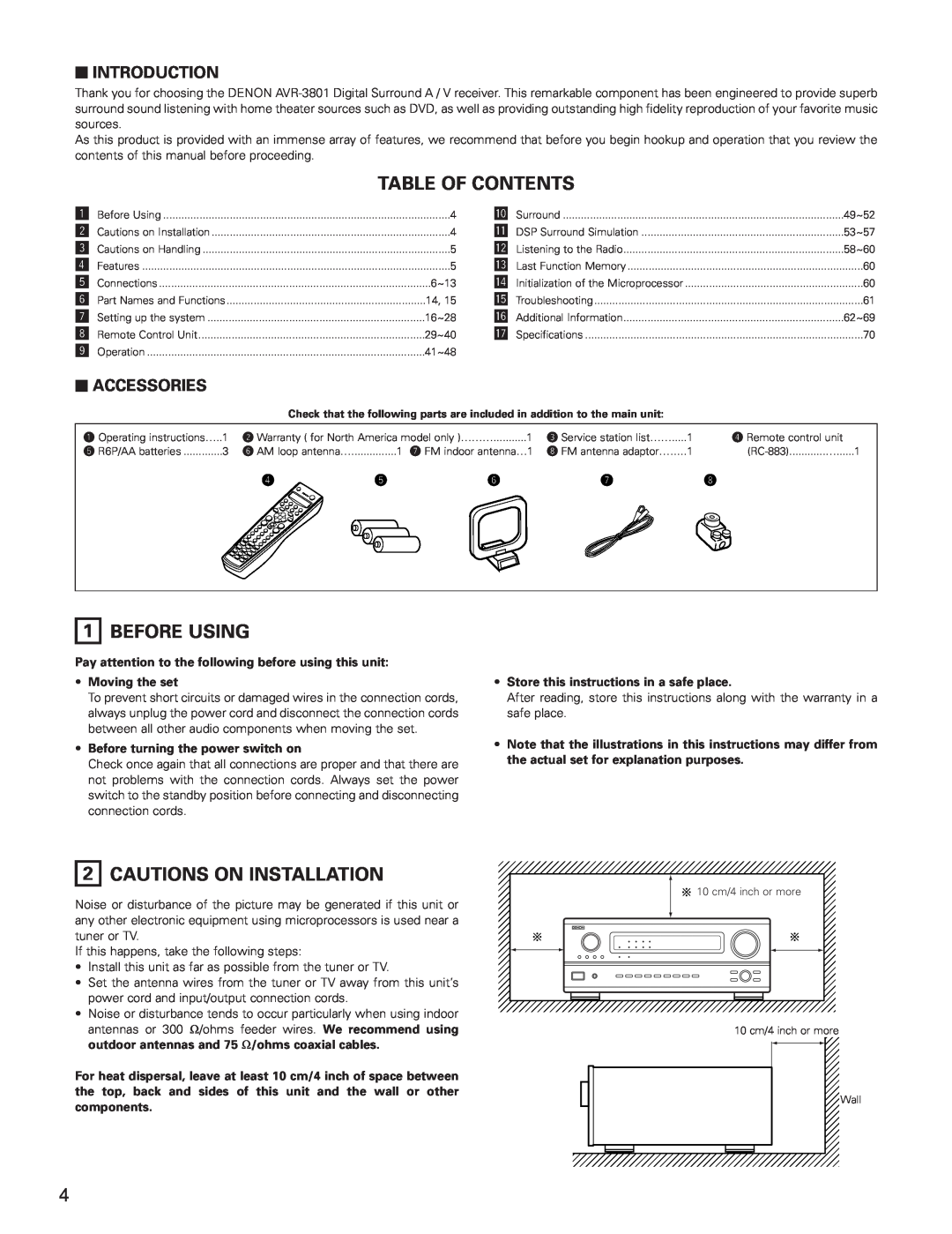 Denon AVR-3801 Table Of Contents, Before Using, Cautions On Installation, 2INTRODUCTION, 2ACCESSORIES, Moving the set 