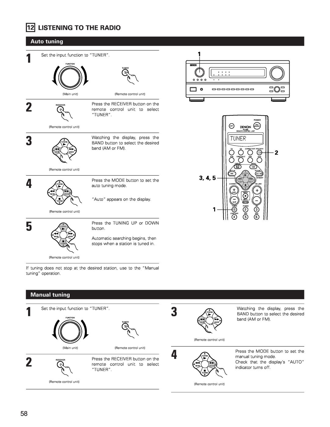 Denon AVR-3801 manual Listening To The Radio, Auto tuning, Manual tuning, 3, 4 