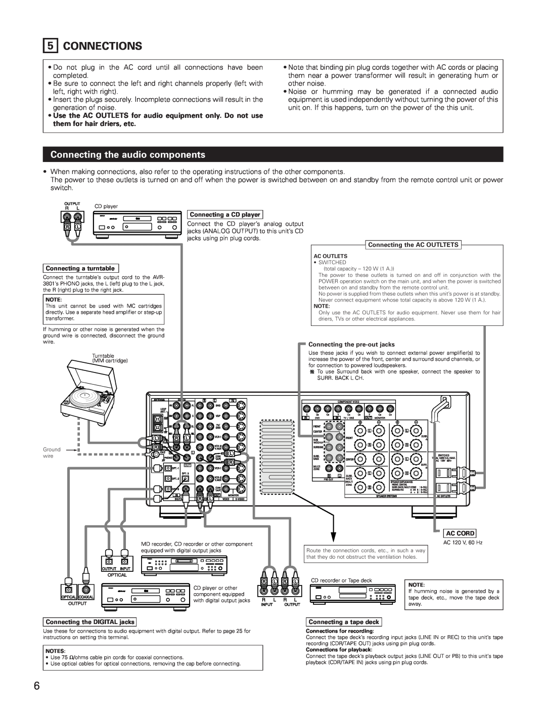 Denon AVR-3801 manual Connections, Connecting the audio components 