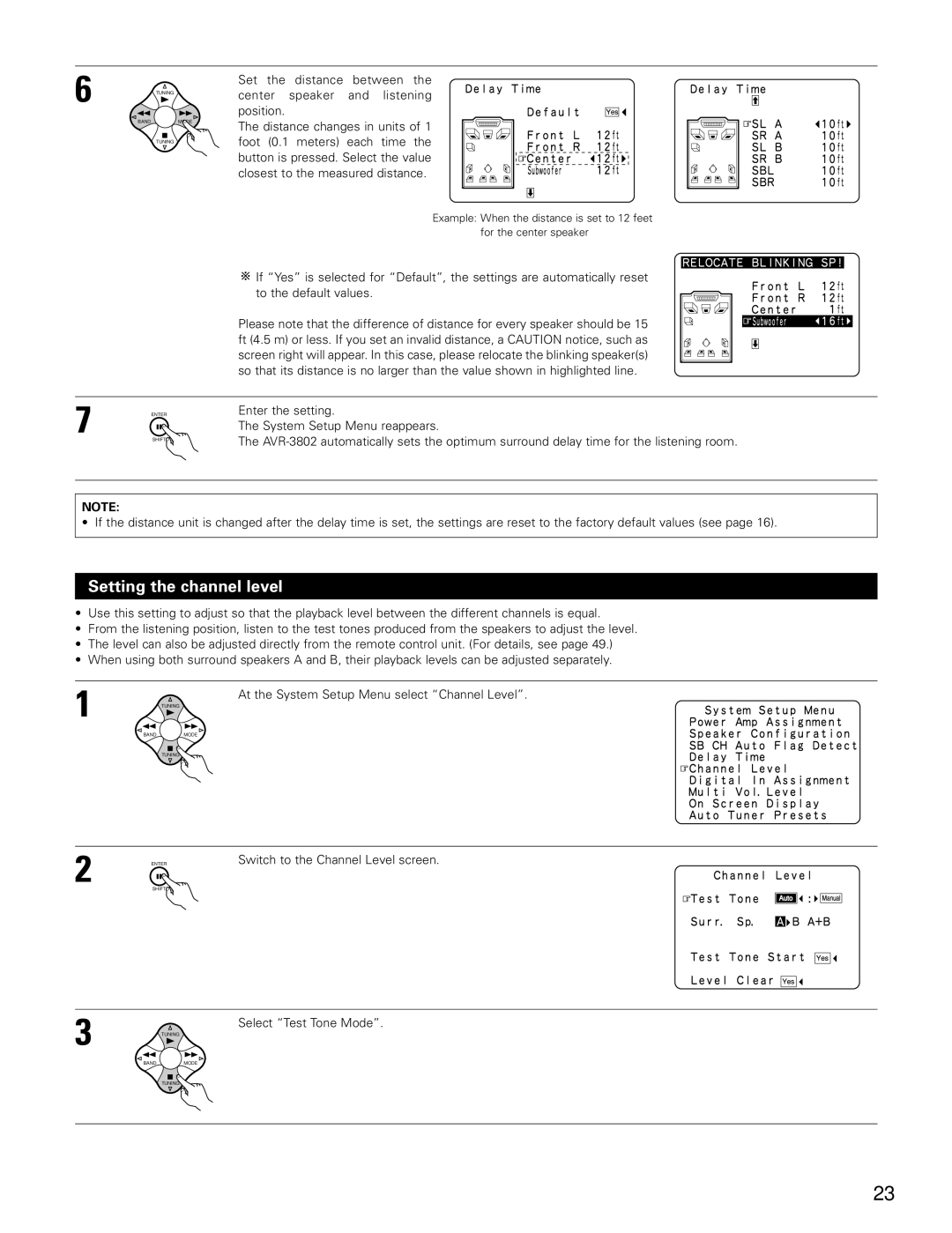 Denon AVR-3802 manual Setting the channel level, Switch to the Channel Level screen Select Test Tone Mode 