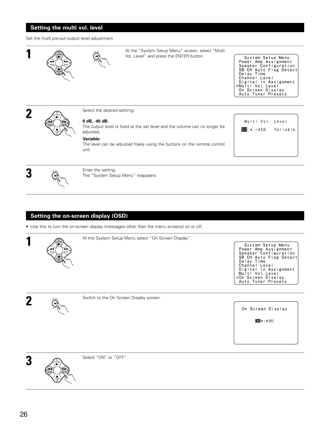 Denon AVR-3802 manual Setting the multi vol. level, Setting the on-screen display OSD, DB, -40 dB, Variable 