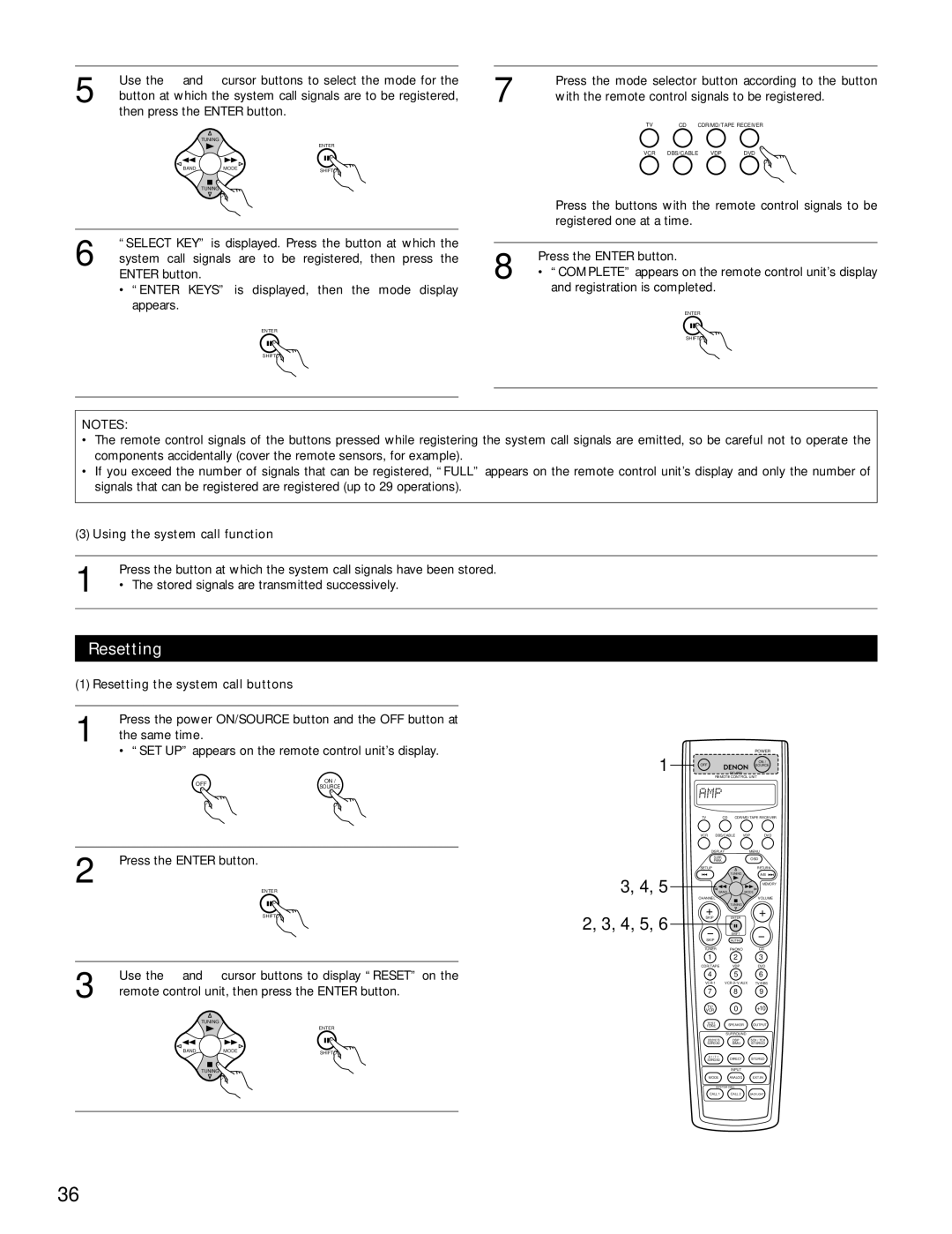 Denon AVR-3802 manual 5 2, 3, 4, 5, Using the system call function, Resetting the system call buttons 