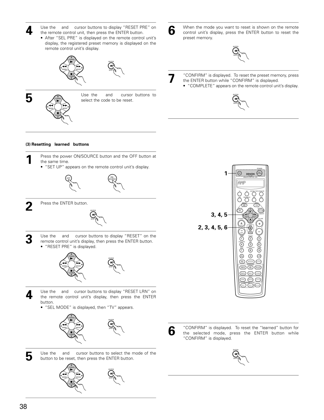 Denon AVR-3802 manual 4, 5, Resetting learned buttons 