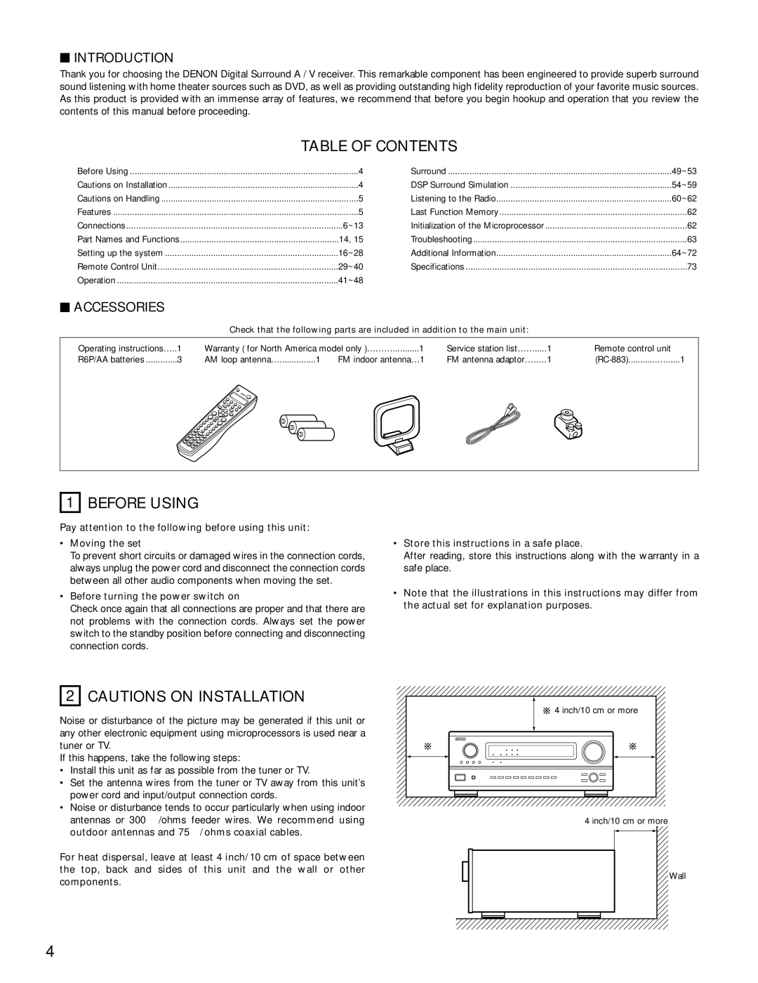 Denon AVR-3802 manual Table of Contents, Before Using 