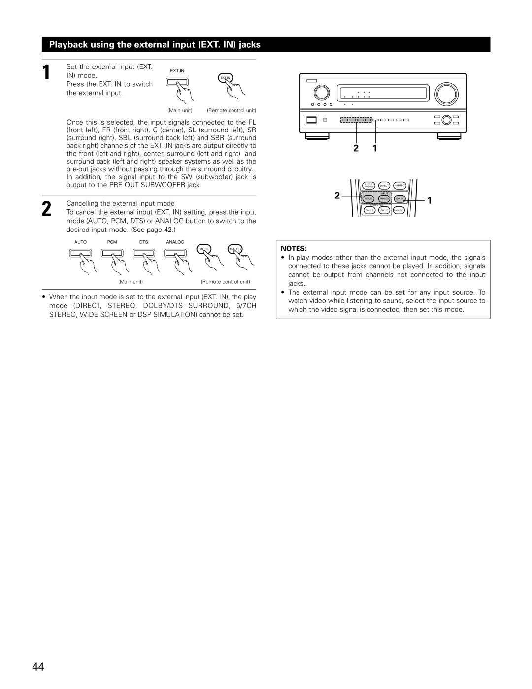 Denon AVR-3802 manual Playback using the external input EXT. in jacks, Set the external input EXT, Mode 