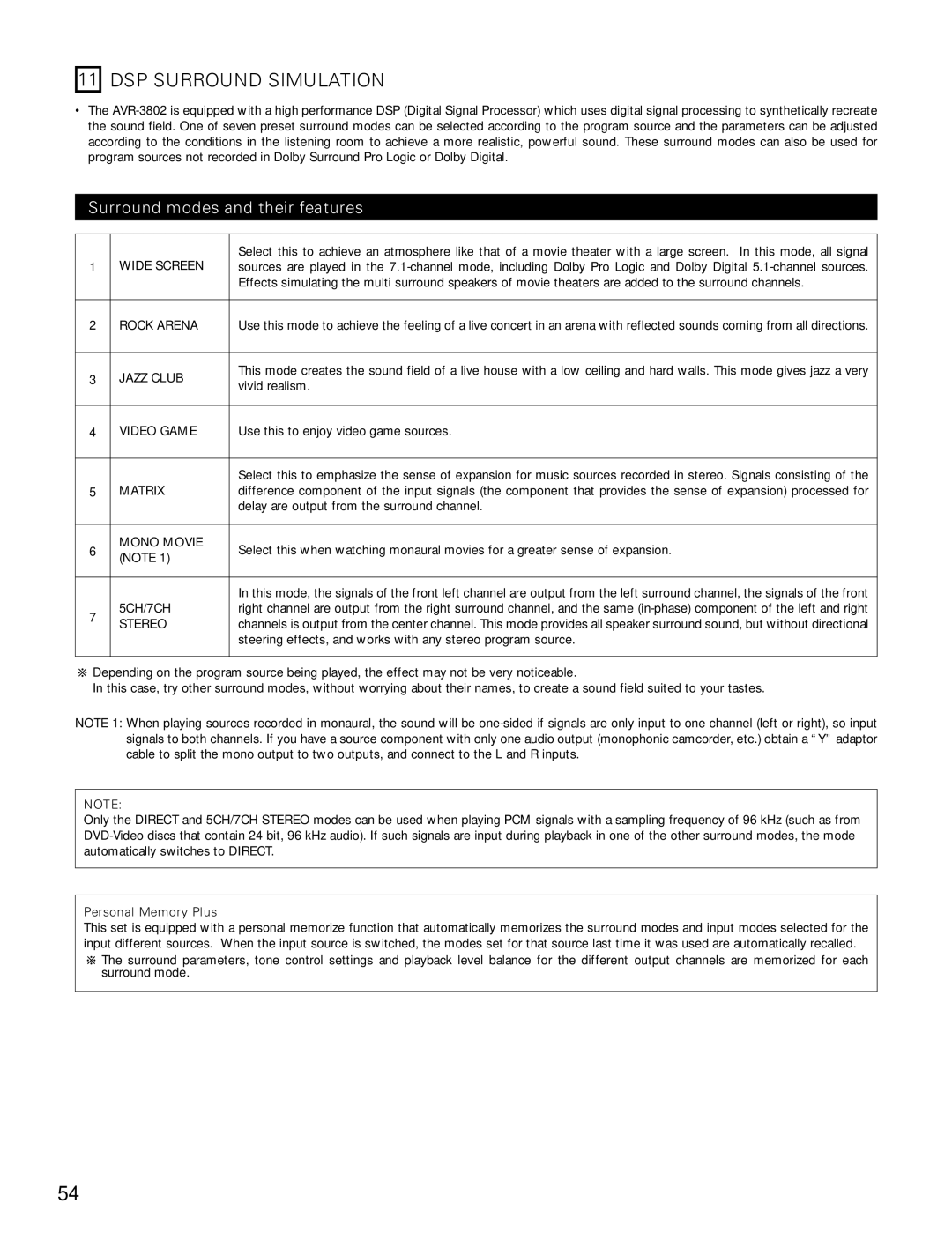 Denon AVR-3802 manual DSP Surround Simulation, Surround modes and their features, Personal Memory Plus 