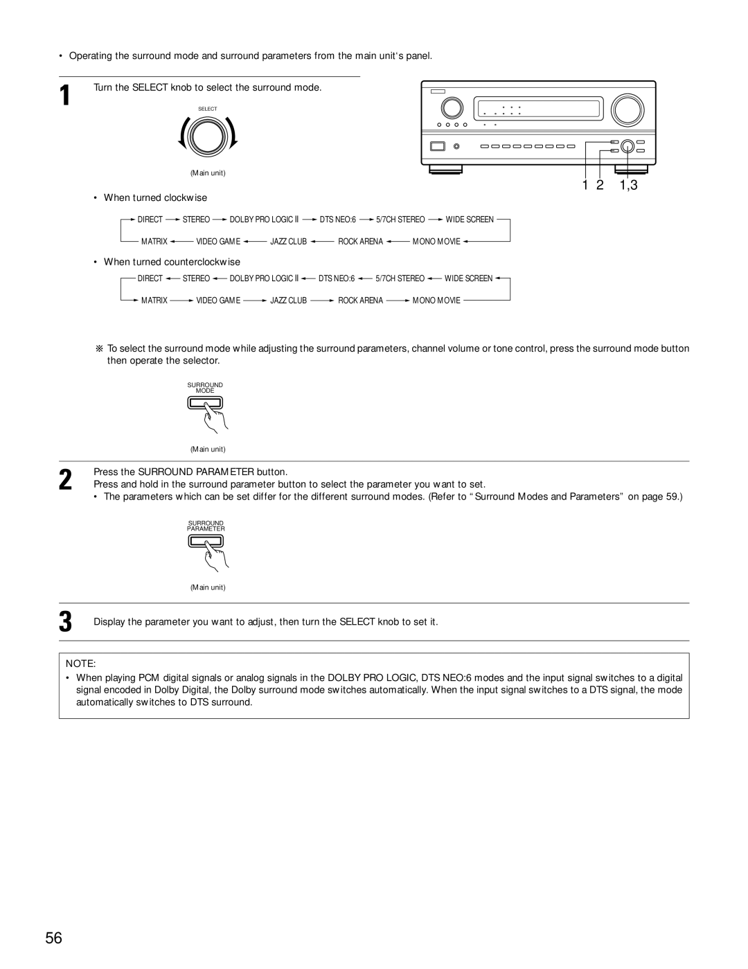 Denon AVR-3802 manual 1,3, When turned clockwise, When turned counterclockwise, Press the Surround Parameter button 