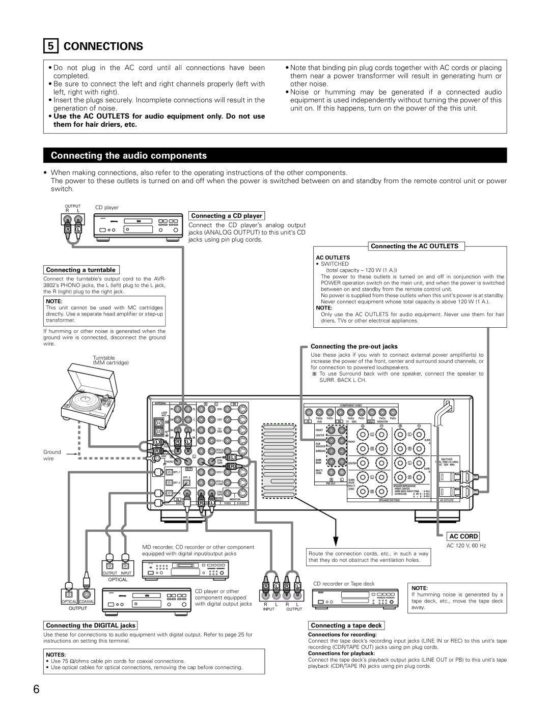 Denon AVR-3802 manual Connections, Connecting the audio components 