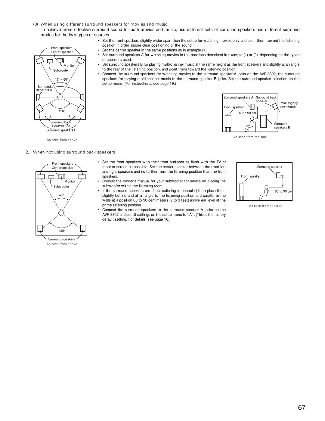 Denon AVR-3802 manual When using different surround speakers for movies and music, When not using surround back speakers 