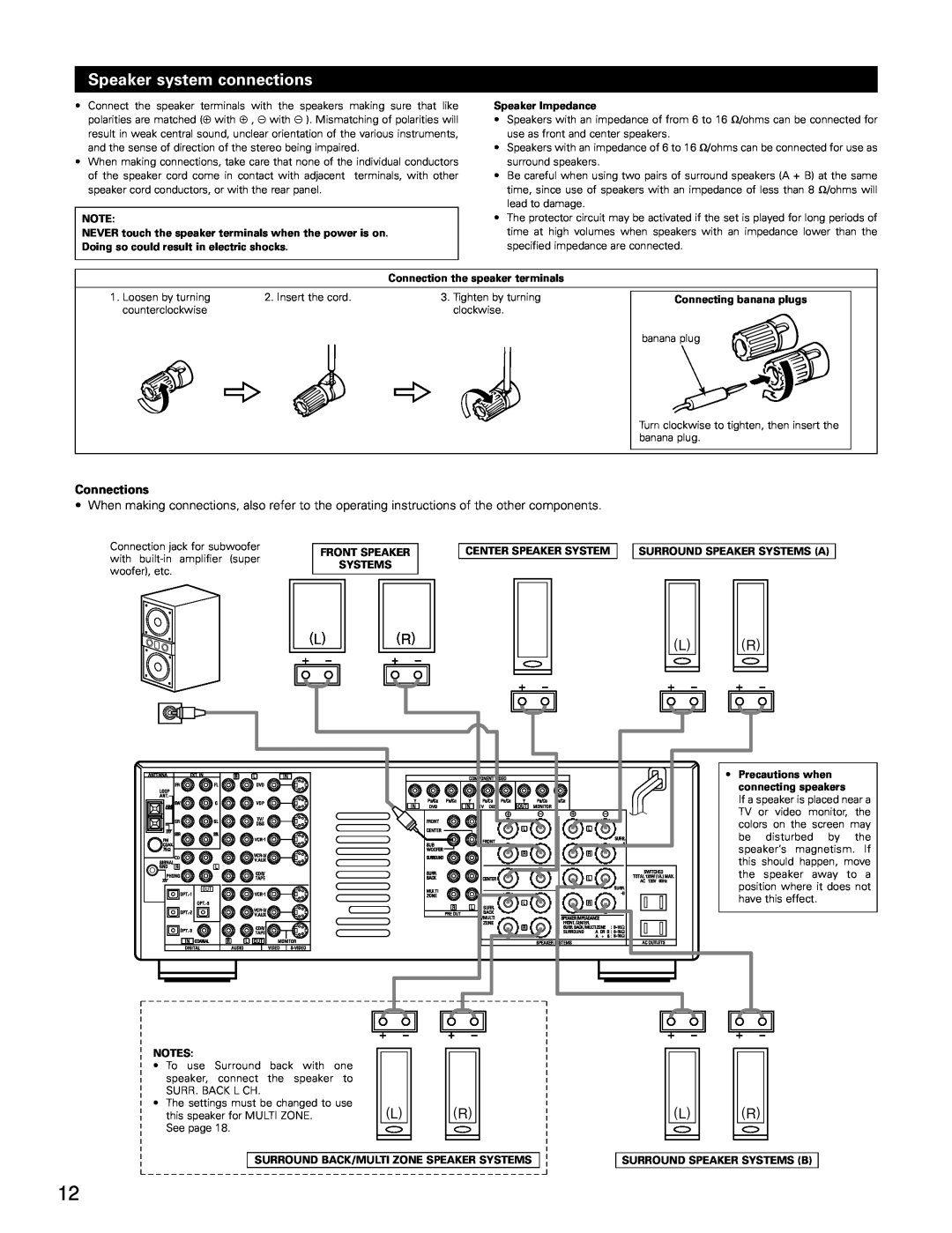 Denon AVR-3802 Speaker system connections, Speaker Impedance, Connection the speaker terminals, Connecting banana plugs 