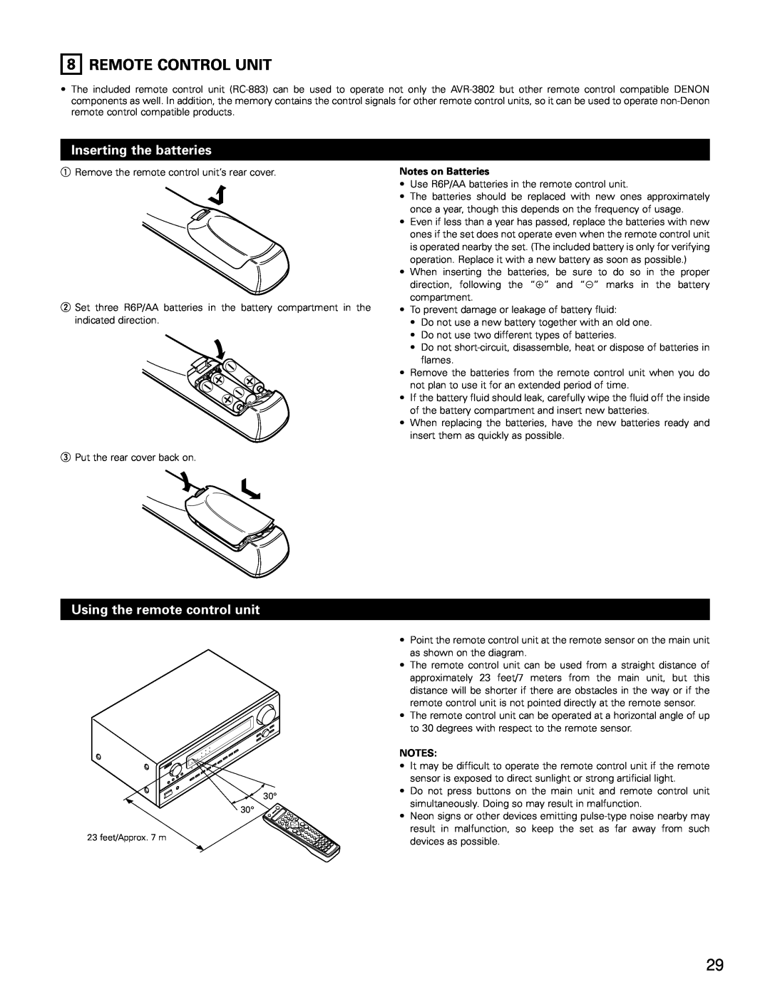 Denon AVR-3802 manual 8REMOTE CONTROL UNIT, Inserting the batteries, Using the remote control unit 