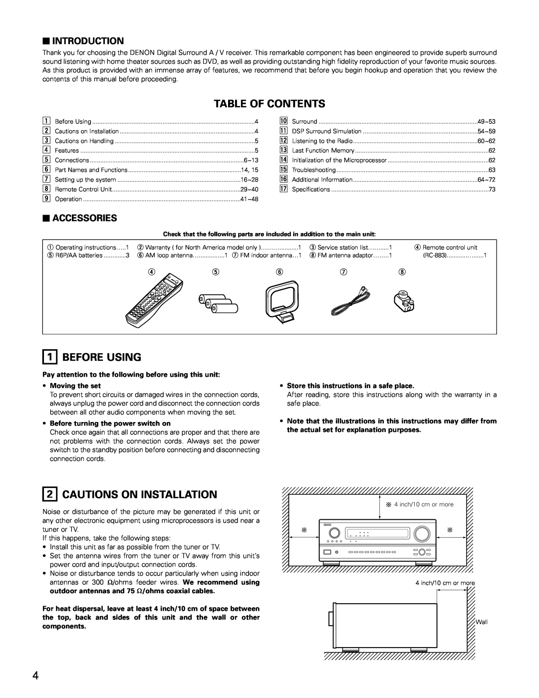 Denon AVR-3802 manual Table Of Contents, Before Using, Cautions On Installation, 2INTRODUCTION, 2ACCESSORIES 