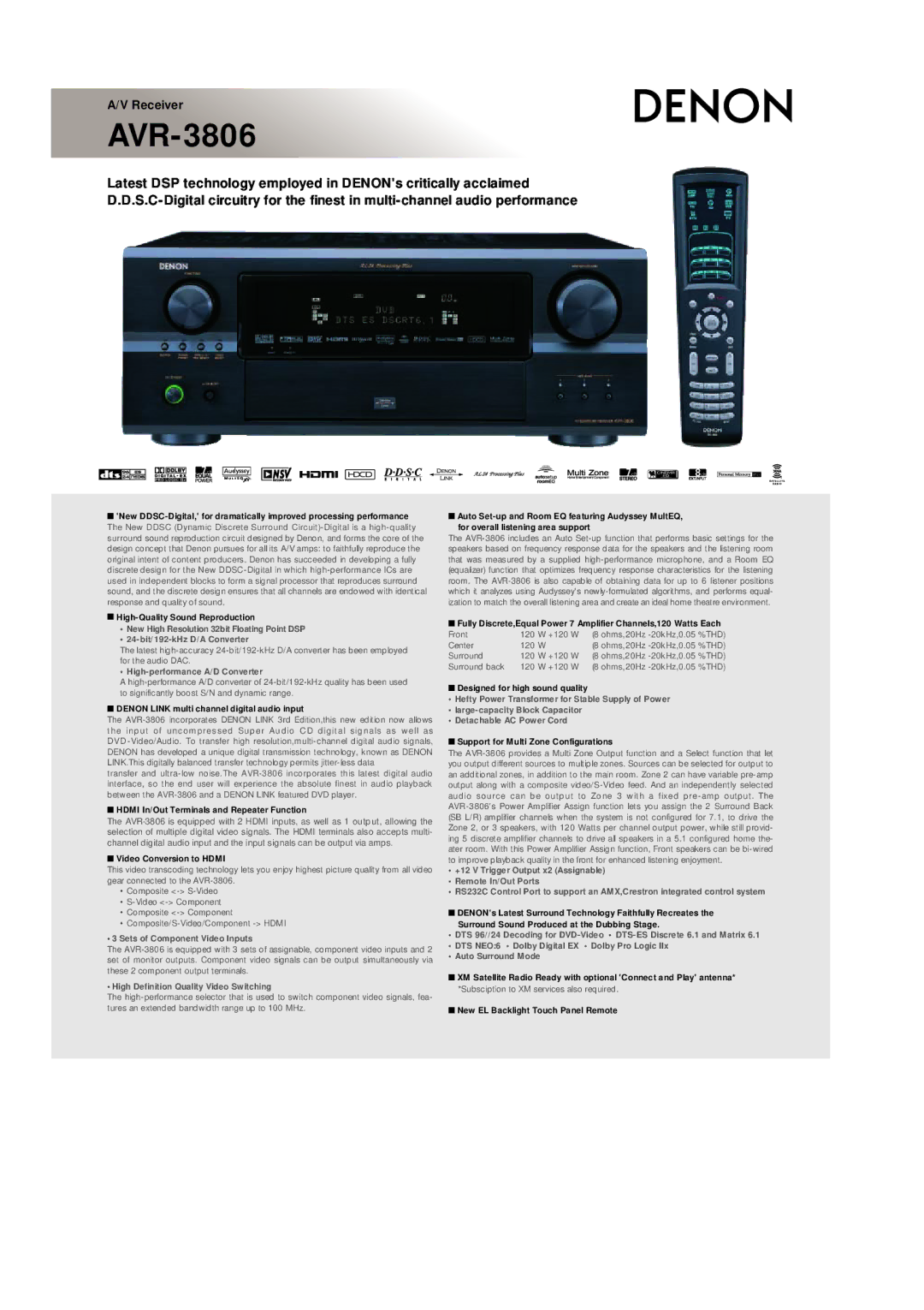 Denon AVR-3806 manual Front 120 +120 W 8 ohms,20Hz -20kHz,0.05 %THD Center 