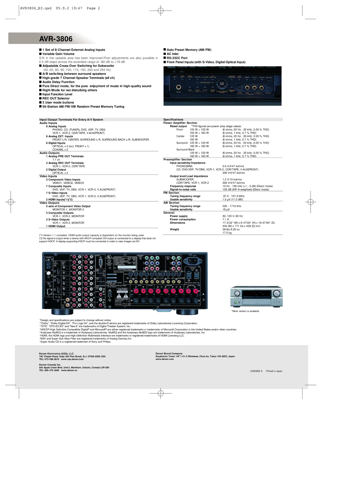 Denon AVR-3806 manual DB steps across the extended range of -80 dB to +18 dB, 40, 60, 80, 90, 100, 110, 150, 200 and 250 Hz 