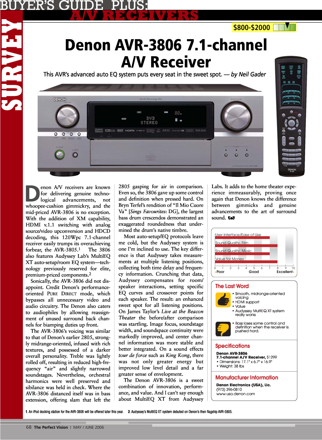 Denon AVR-3806 manual A/V Receiver 