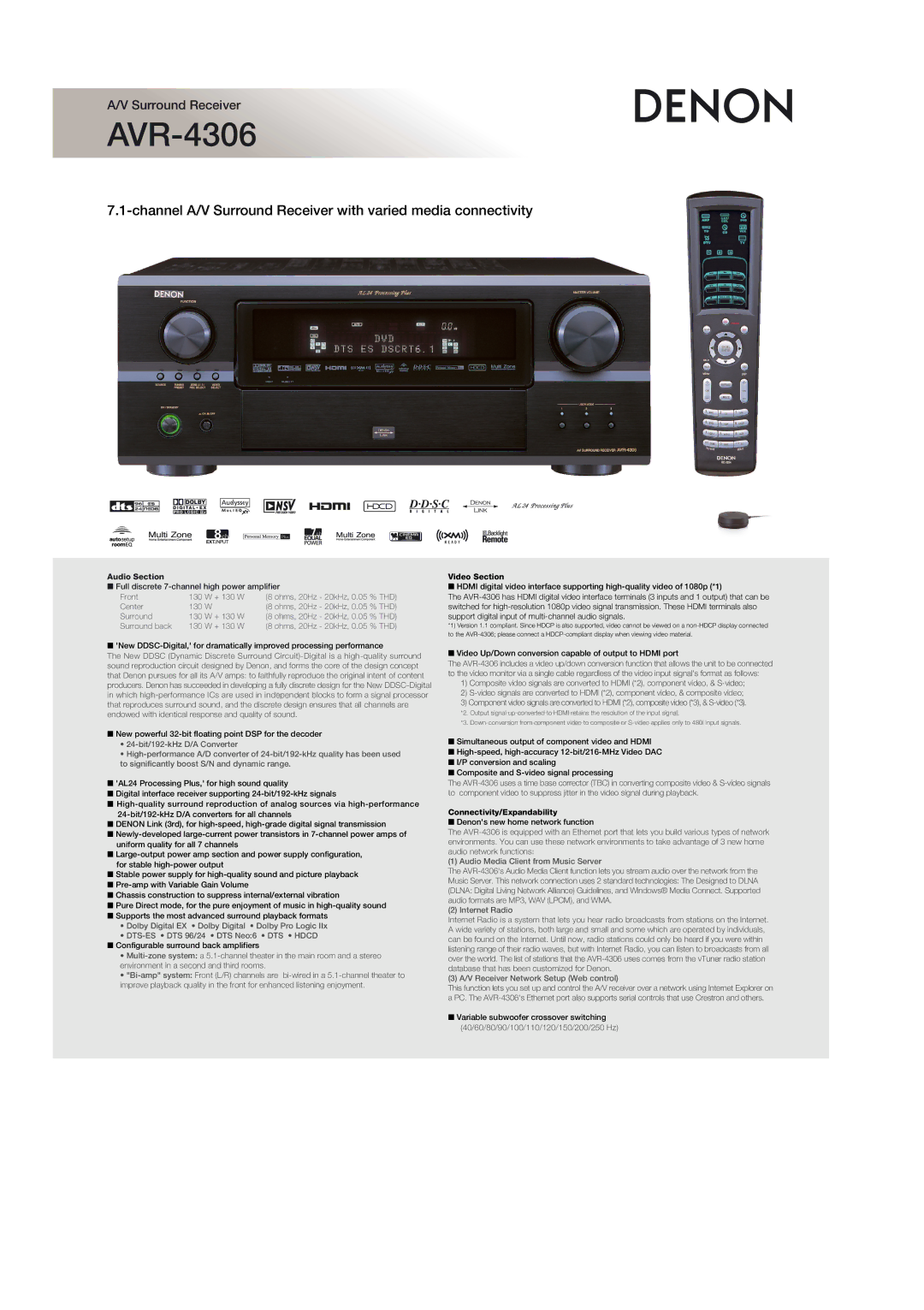 Denon AVR-4306 manual Video Section, Connectivity/Expandability, Internet Radio, V Receiver Network Setup Web control 