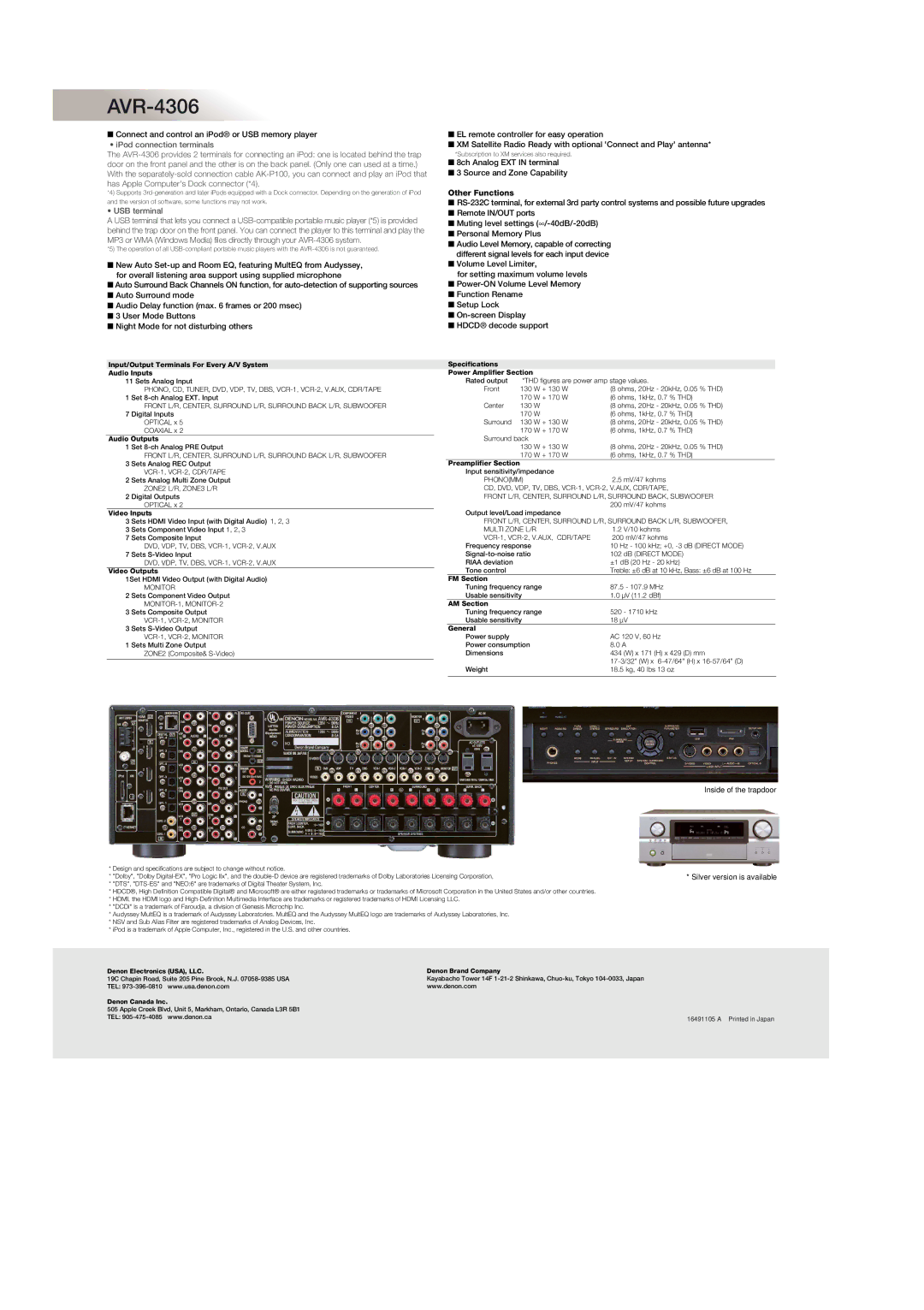 Denon AVR-4306 manual USB terminal, Other Functions 