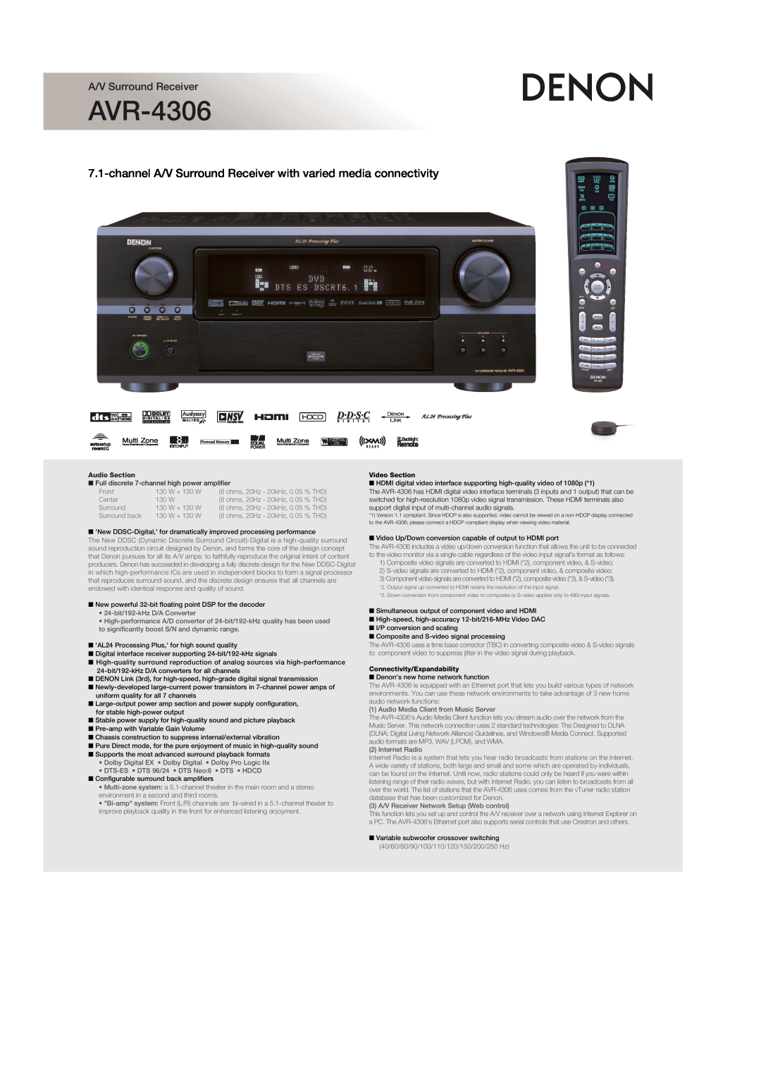 Denon AVR-4306 manual Video Section, Connectivity/Expandability, A/V Surround Receiver, Audio Section, Front, W + 130 W 