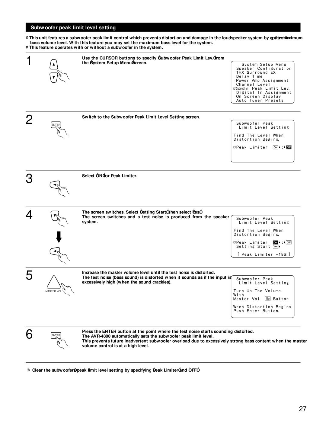 Denon manual Subwoofer peak limit level setting, AVR-4800 automatically sets the subwoofer peak limit level 