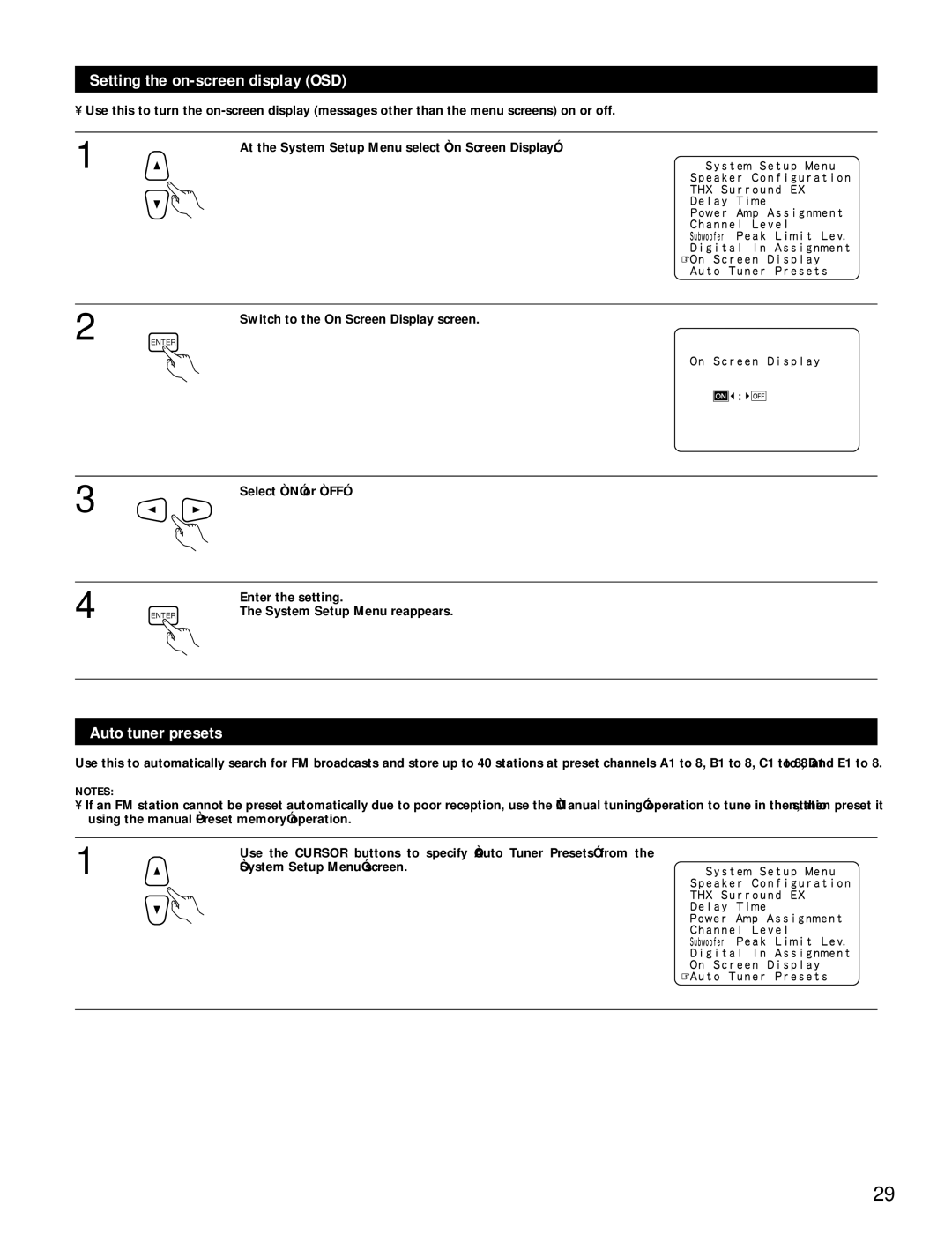 Denon AVR-4800 manual Setting the on-screen display OSD, Auto tuner presets, Select on or OFF 