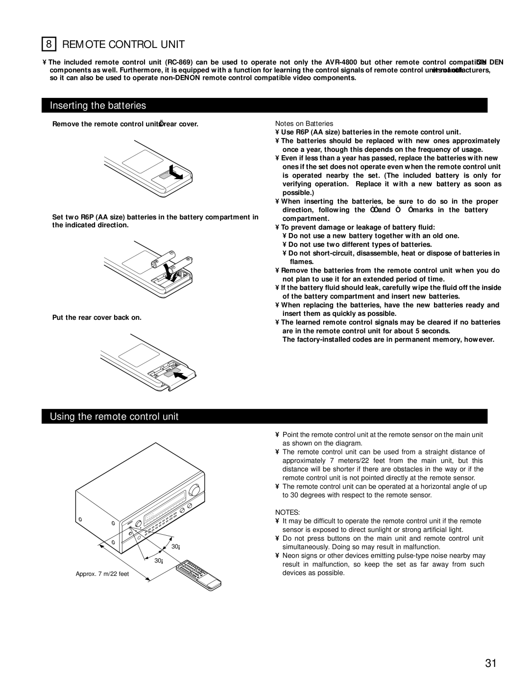 Denon AVR-4800 manual Remote Control Unit, Inserting the batteries, Using the remote control unit 