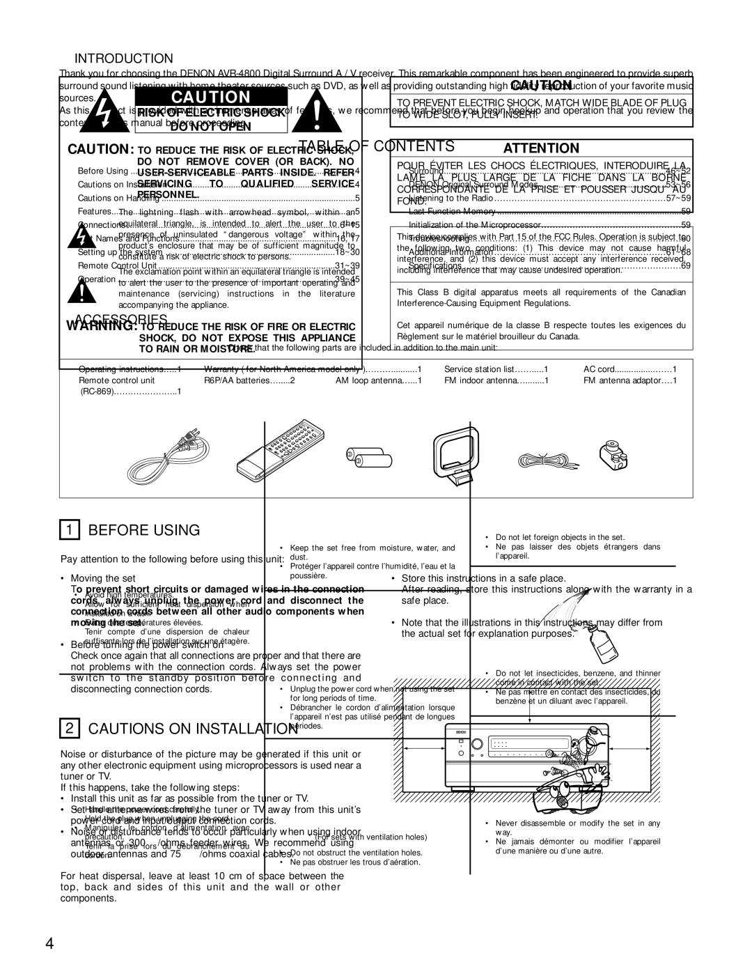 Denon AVR-4800 manual Table of Contents, Before Using 