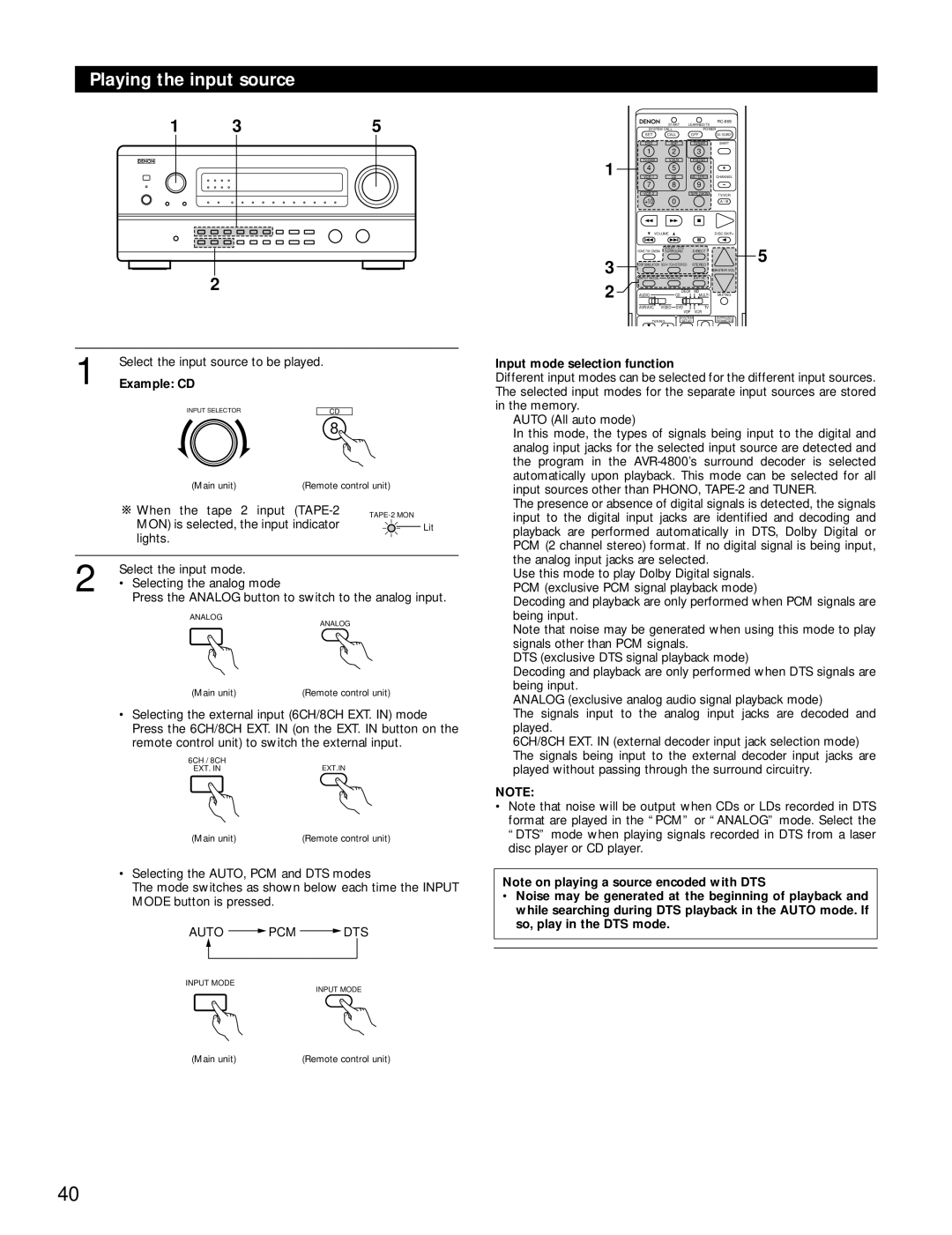 Denon AVR-4800 manual Playing the input source, Example CD, Input mode selection function 