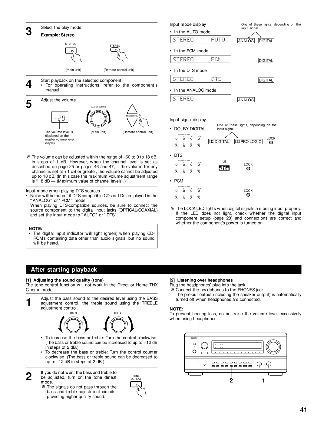 Denon AVR-4800 manual After starting playback, Example Stereo, Adjusting the sound quality tone, Listening over headphones 