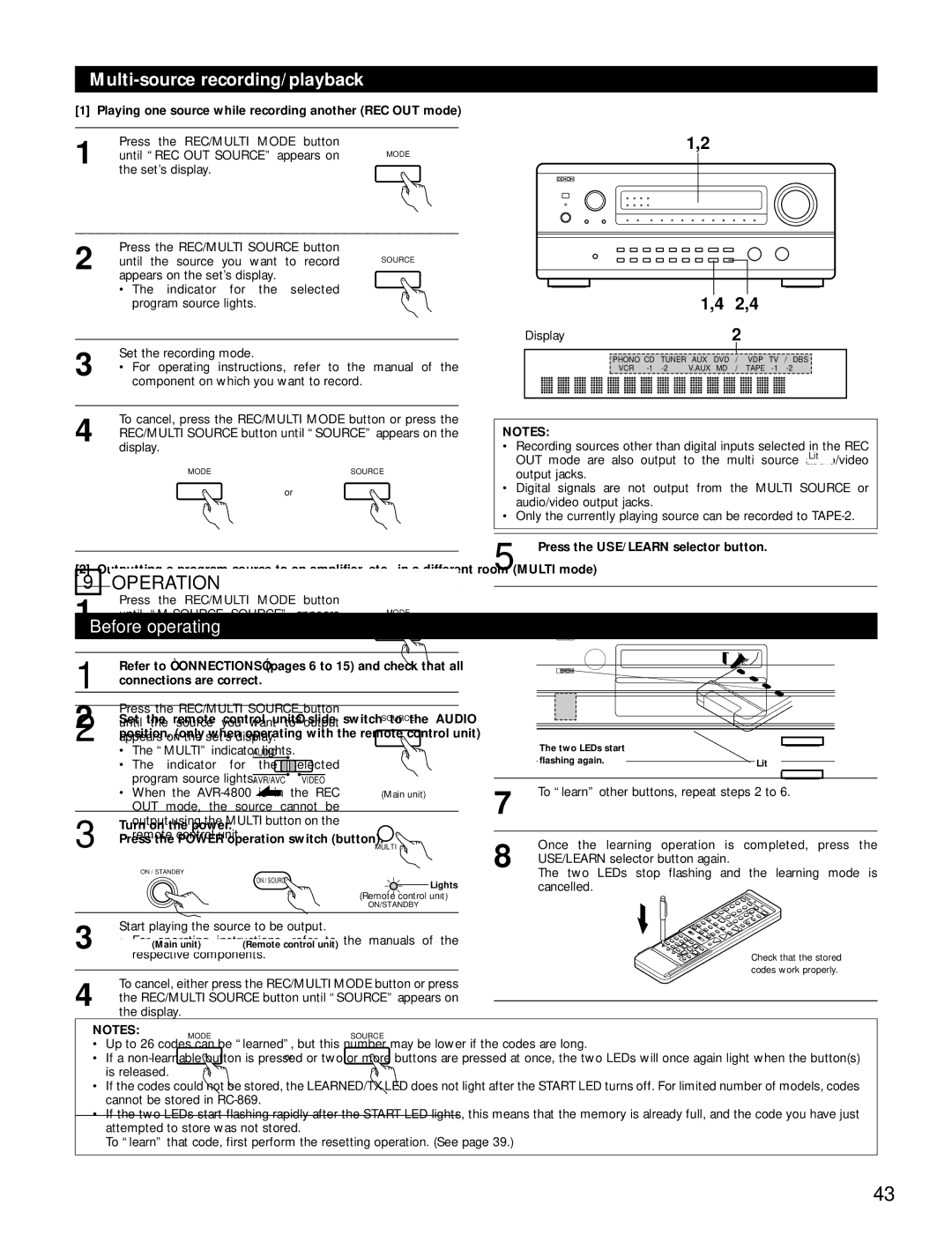 Denon AVR-4800 manual Multi-source recording/playback, Playing one source while recording another REC OUT mode 