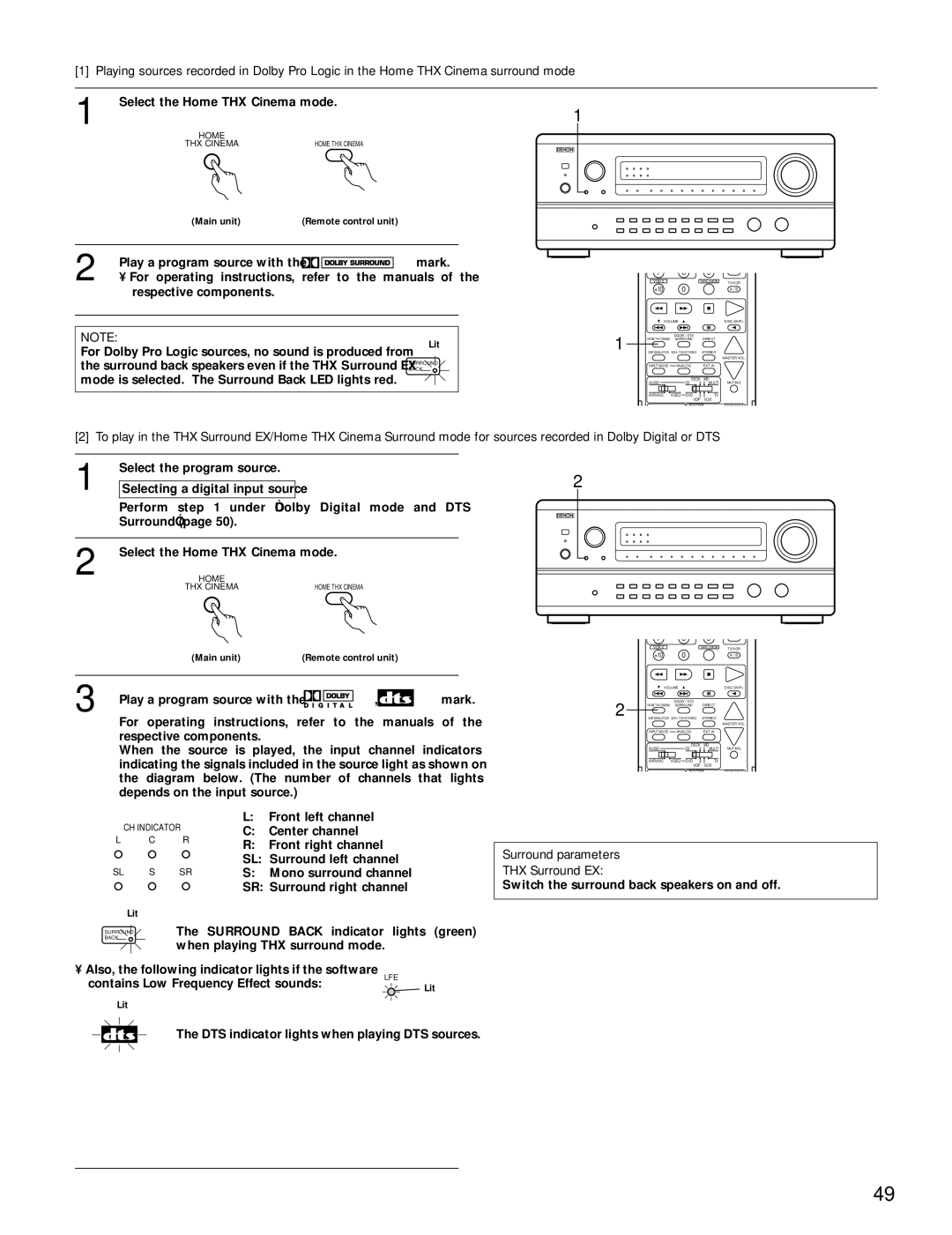 Denon AVR-4800 Select the Home THX Cinema mode, Surround Back indicator lights green, Contains Low Frequency Effect sounds 