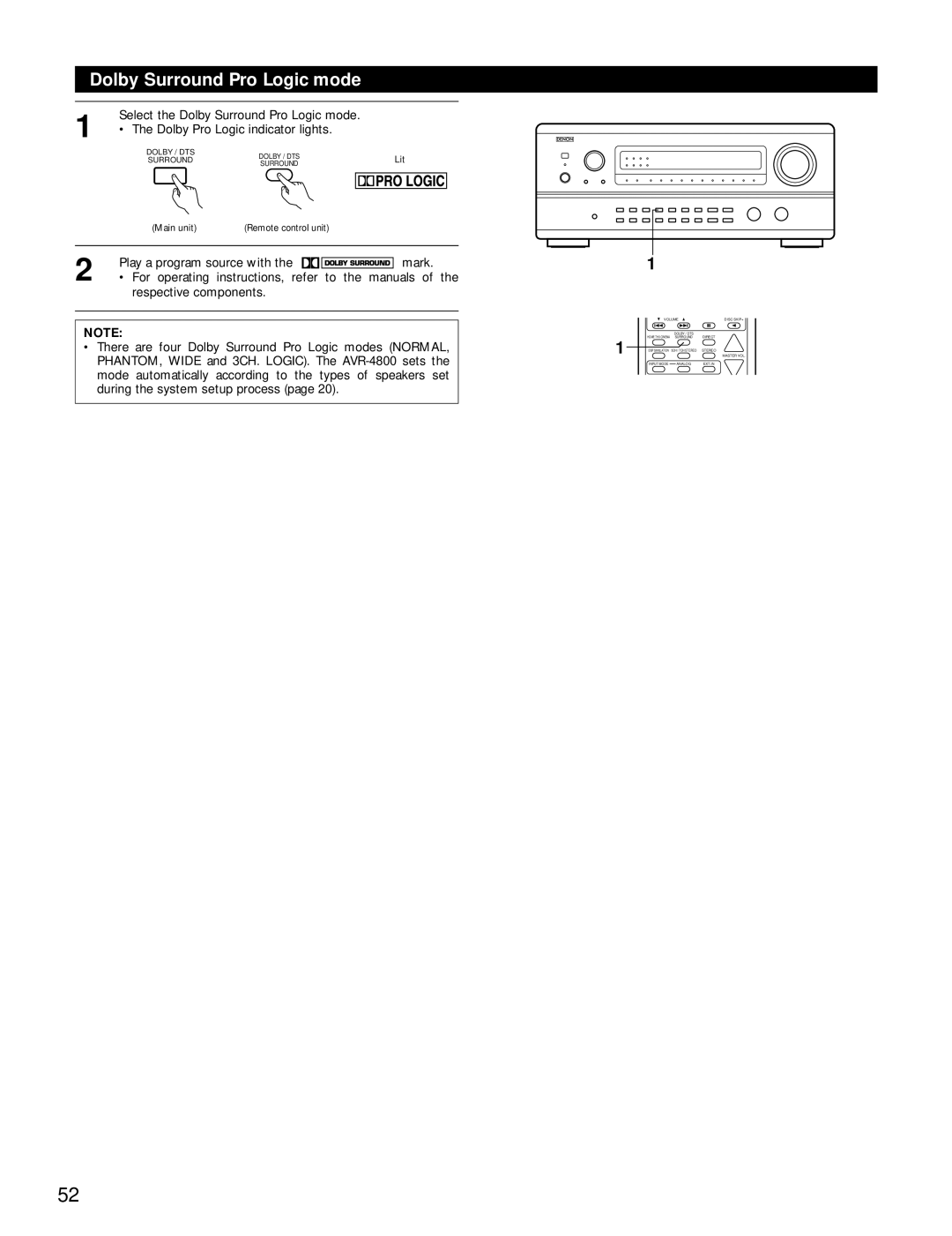 Denon AVR-4800 manual Dolby Surround Pro Logic mode 