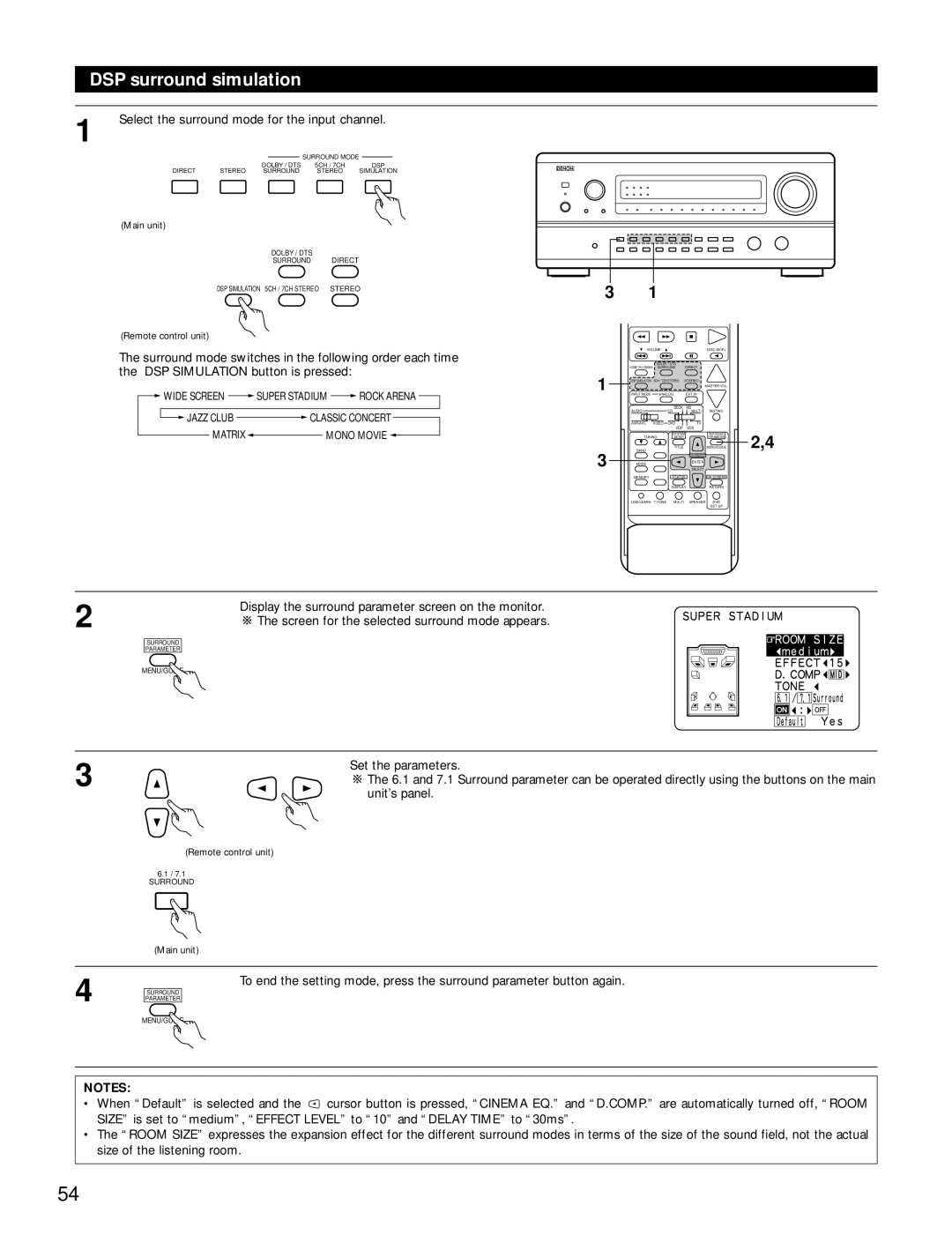 Denon AVR-4800 DSP surround simulation, Select the surround mode for the input channel, Set the parameters, Unit’s panel 