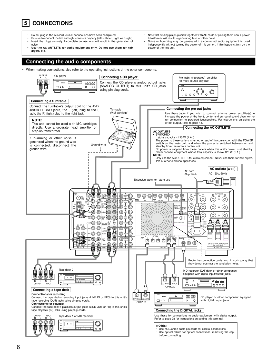 Denon AVR-4800 manual Connections, Connecting the audio components 