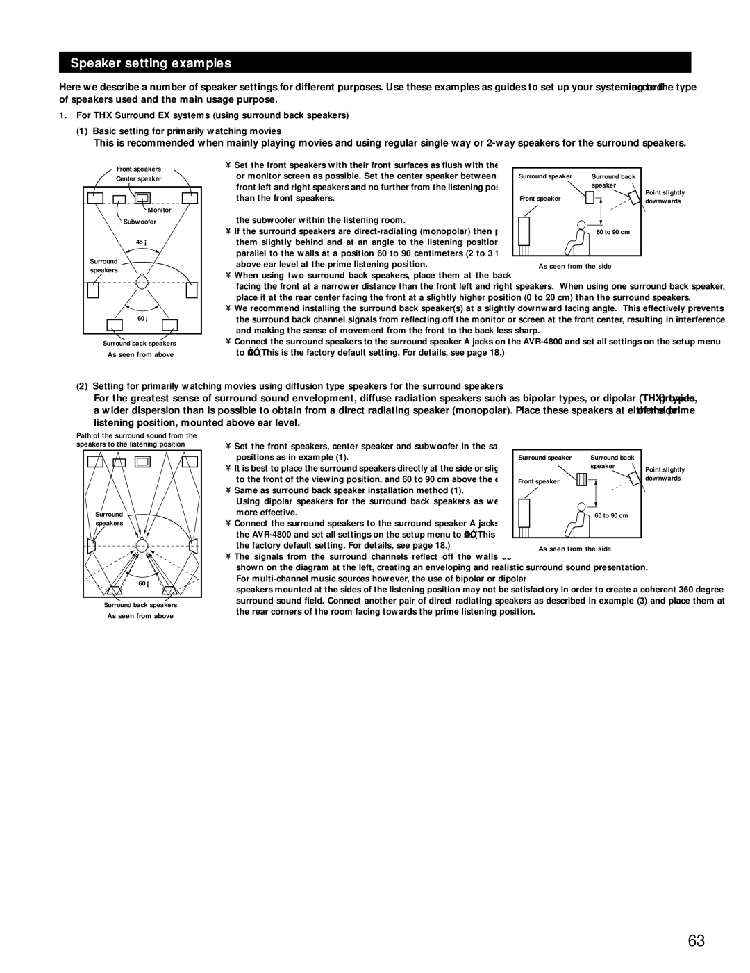 Denon AVR-4800 manual Speaker setting examples 