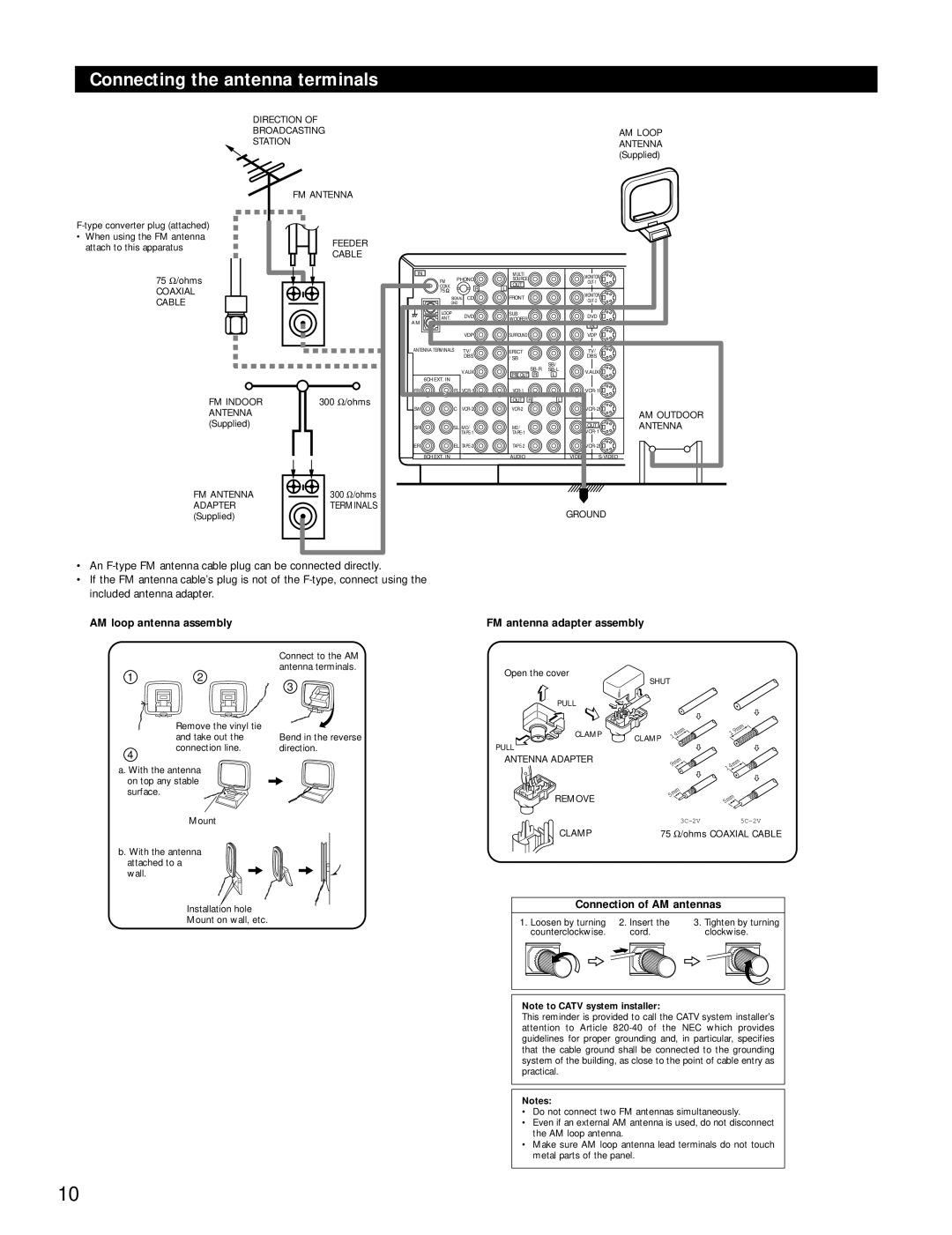 Denon AVR-4800 manual Connecting the antenna terminals, AM loop antenna assembly, FM antenna adapter assembly, Notes 