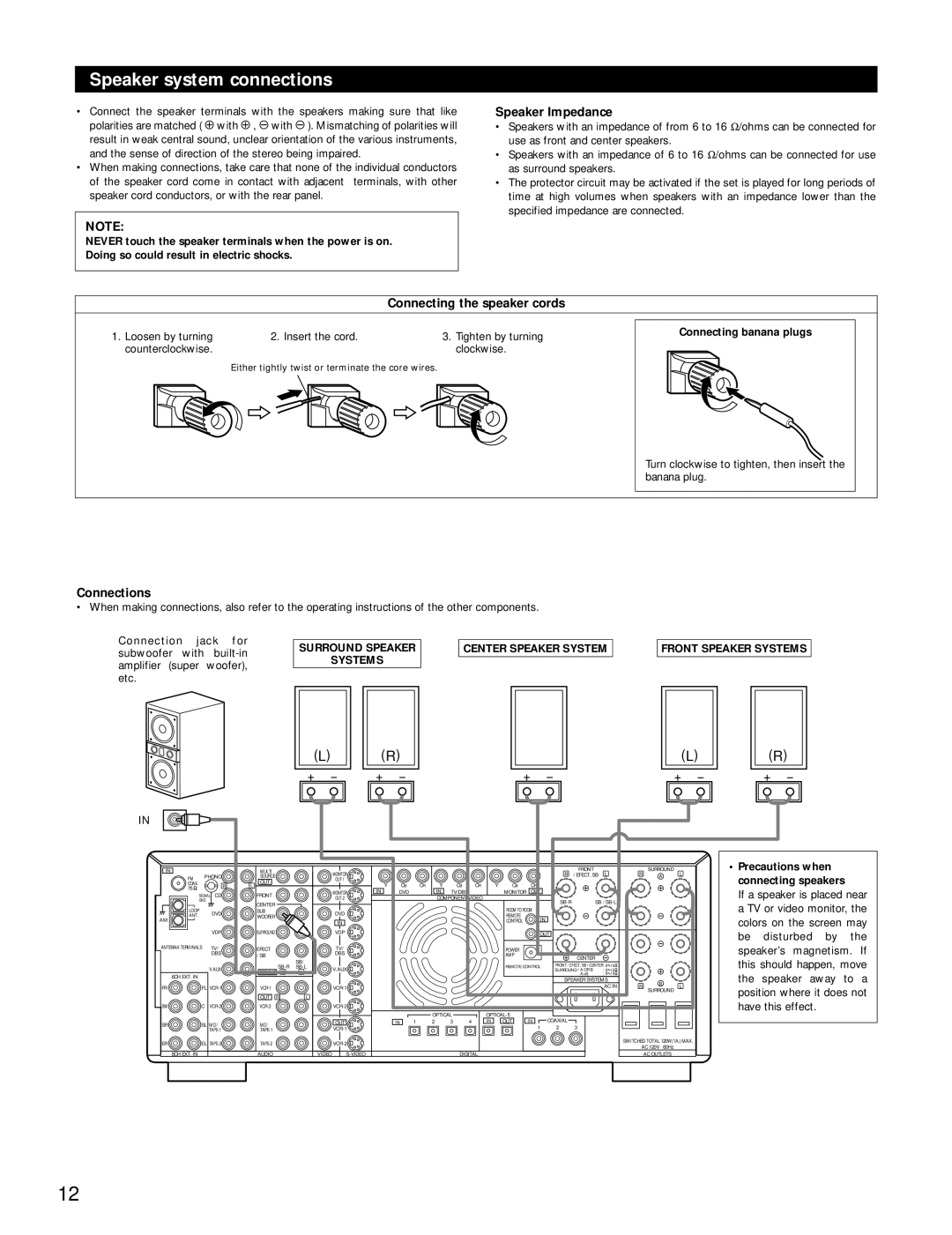 Denon AVR-4800 manual Speaker system connections, Speaker Impedance, Connecting the speaker cords, Connections, Systems 