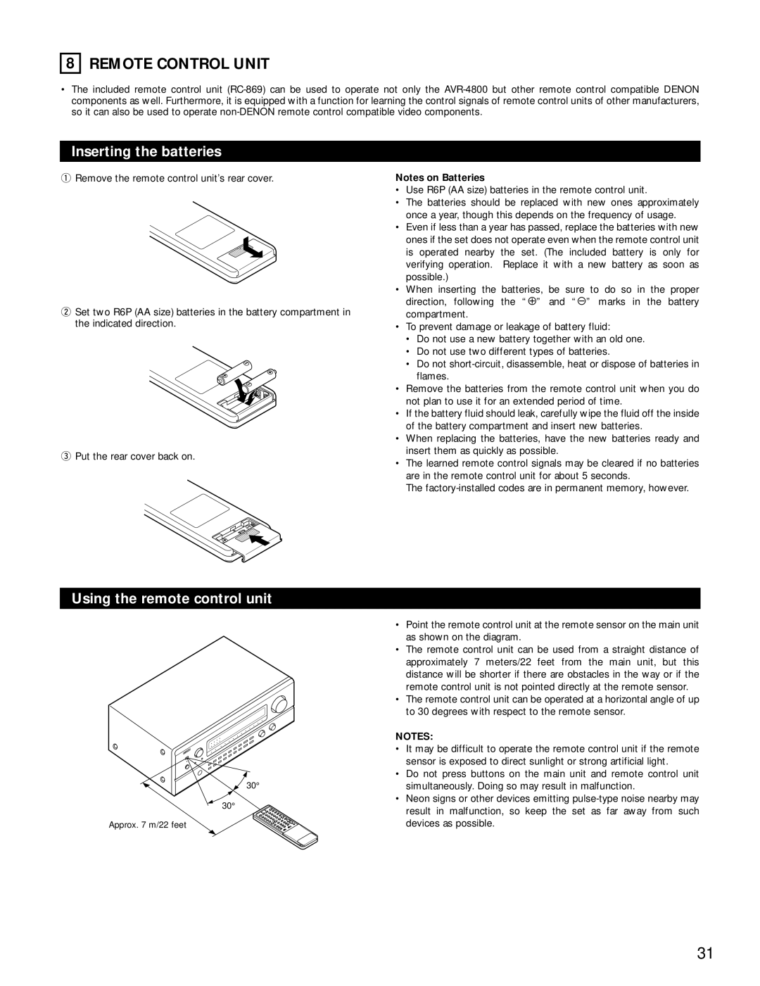 Denon AVR-4800 manual 8REMOTE CONTROL UNIT, Inserting the batteries, Using the remote control unit, Notes on Batteries 