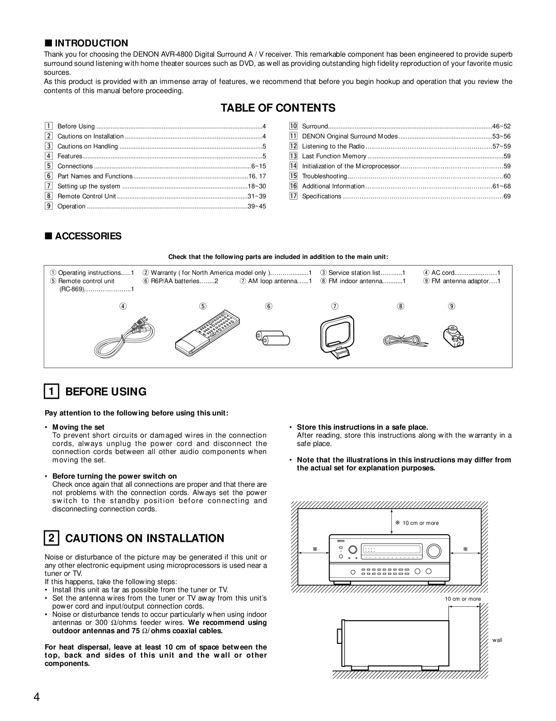 Denon AVR-4800 Table Of Contents, Before Using, Cautions On Installation, 2INTRODUCTION, 2ACCESSORIES, •Moving the set 