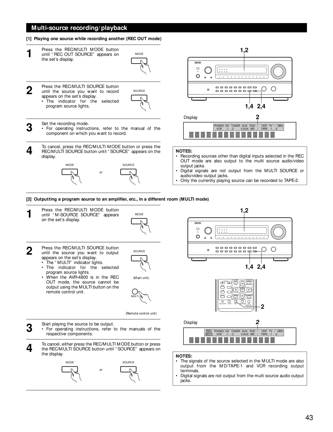Denon AVR-4800 manual Multi-sourcerecording/playback, Notes 