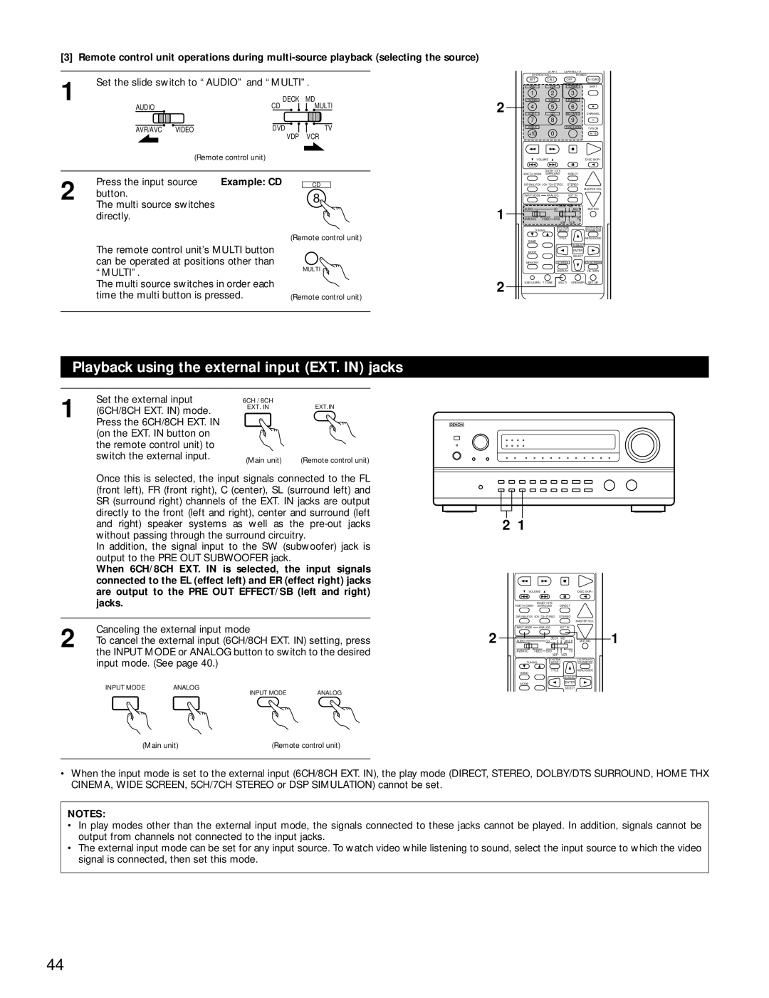 Denon AVR-4800 manual Playback using the external input EXT. IN jacks, 2 1 2, Example: CD, Notes 
