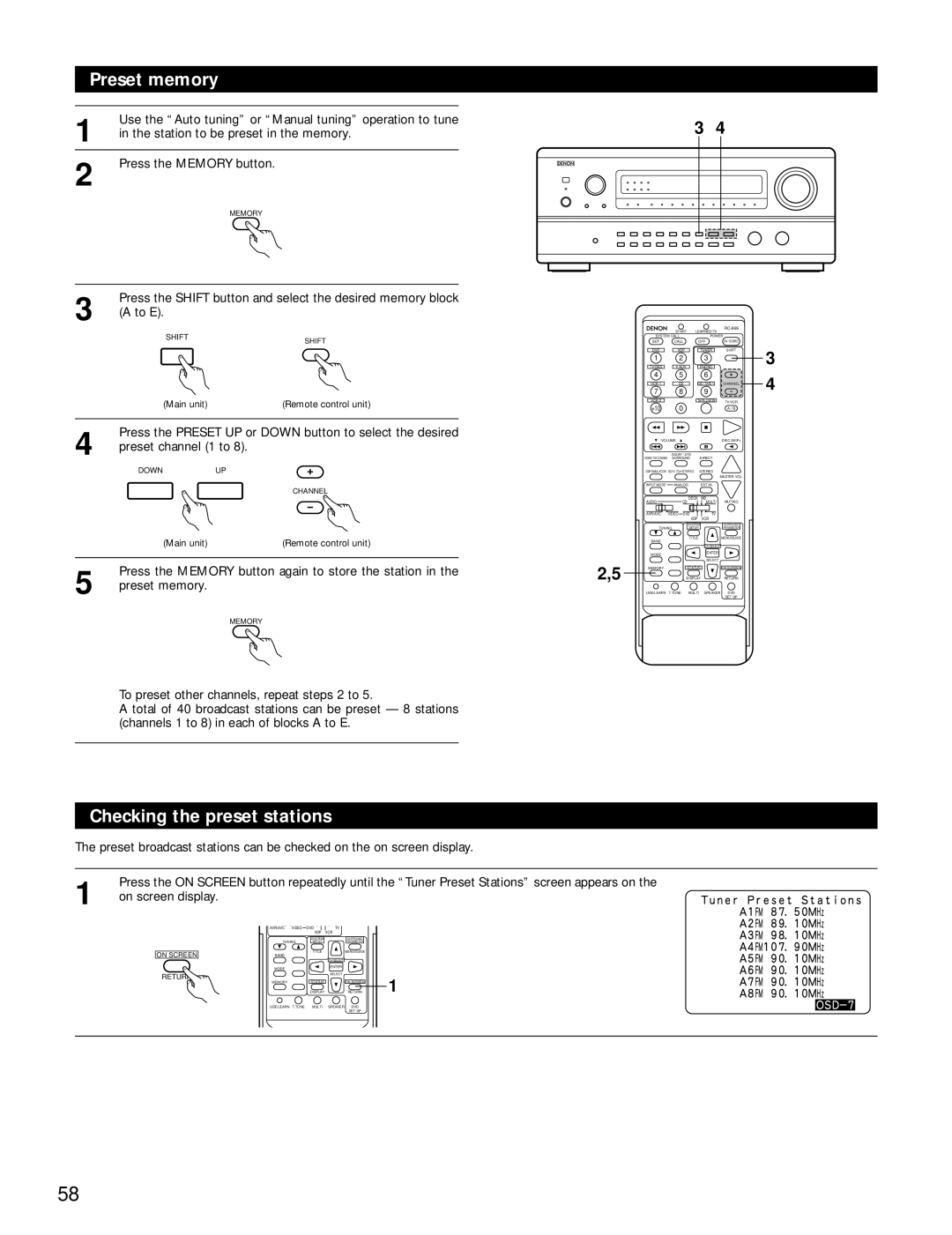 Denon AVR-4800 manual Checking the preset stations, Preset memory 