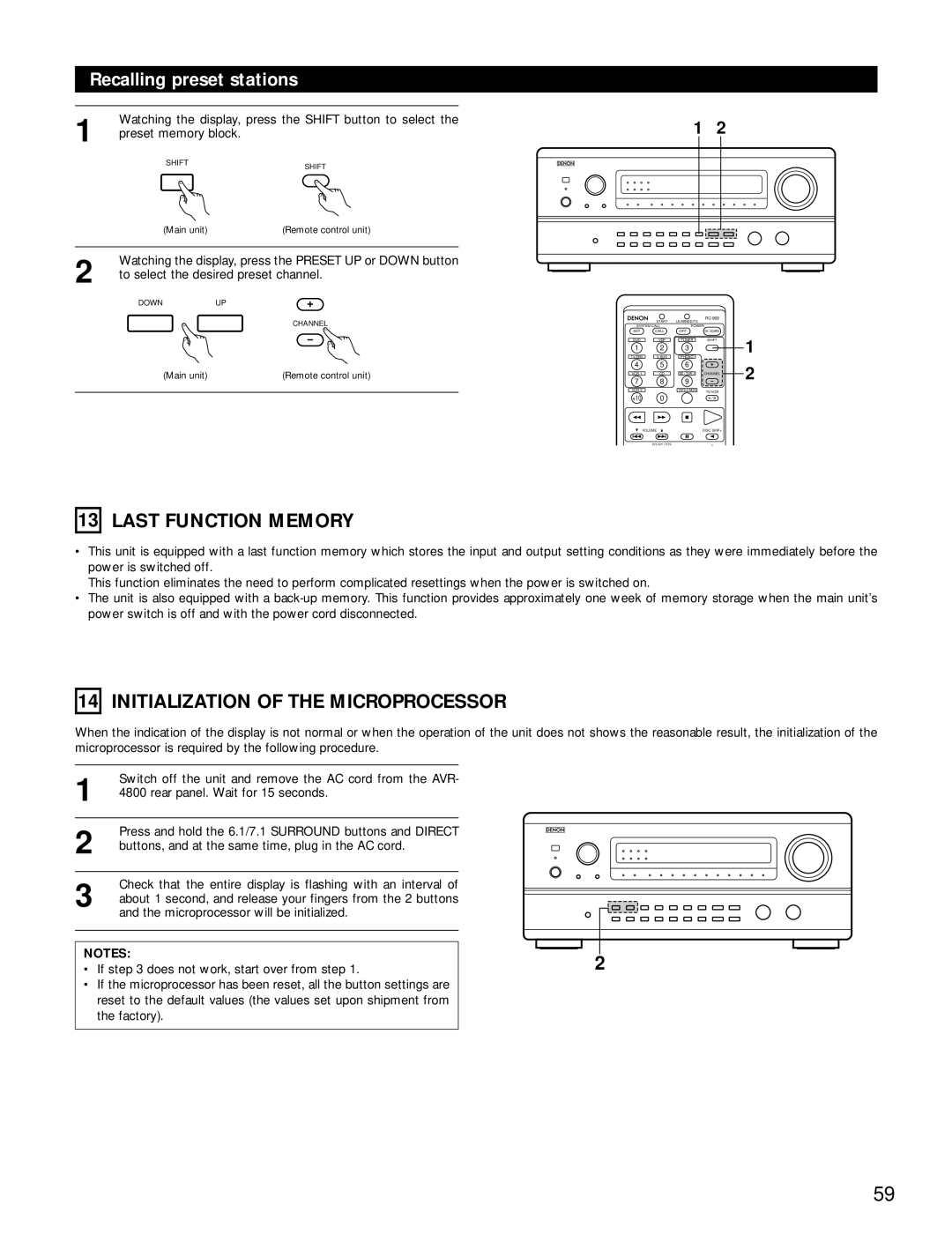 Denon AVR-4800 manual 13LAST FUNCTION MEMORY, 14INITIALIZATION OF THE MICROPROCESSOR, Recalling preset stations, Notes 