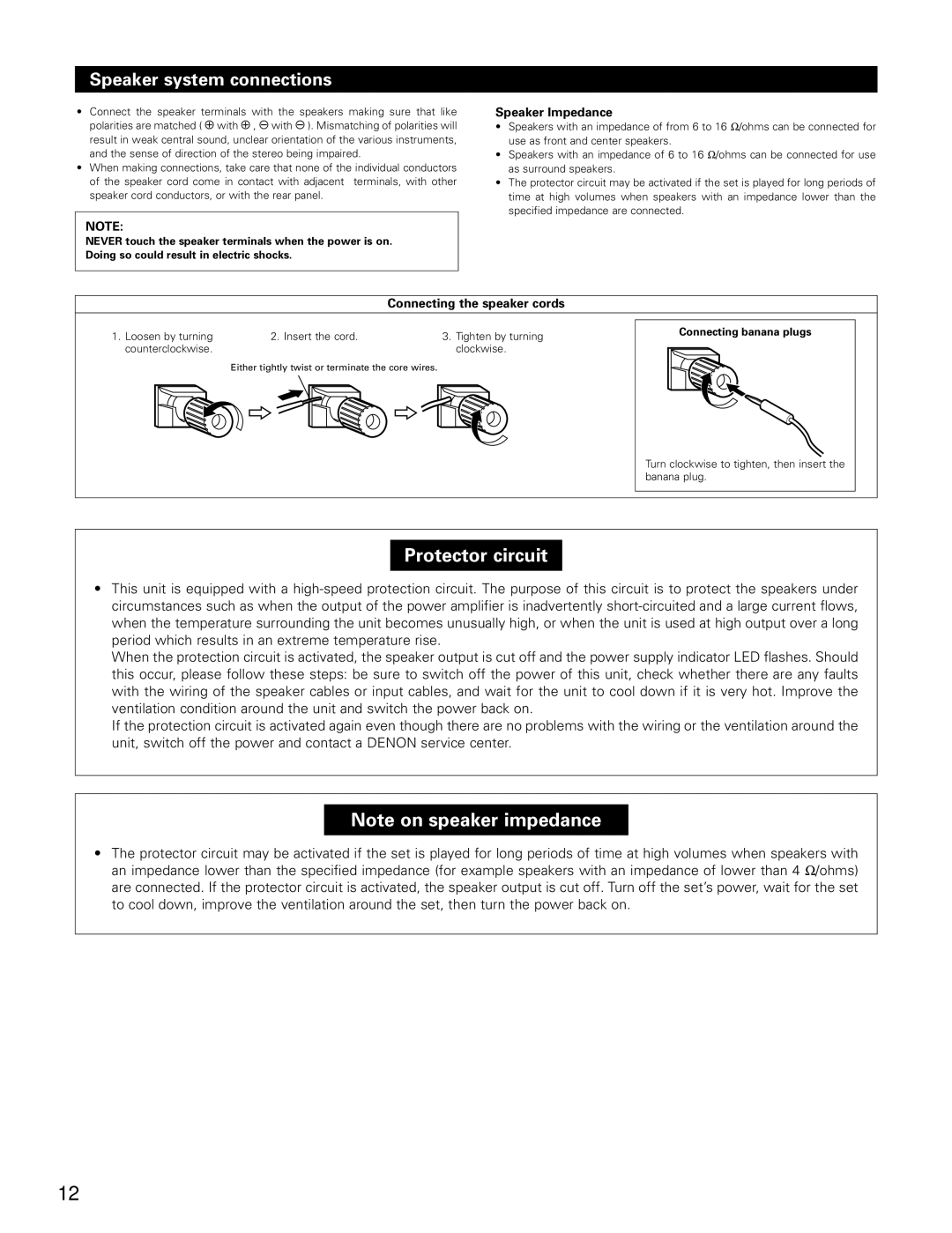 Denon AVR-4802 manual Speaker system connections, Speaker Impedance, Connecting the speaker cords 