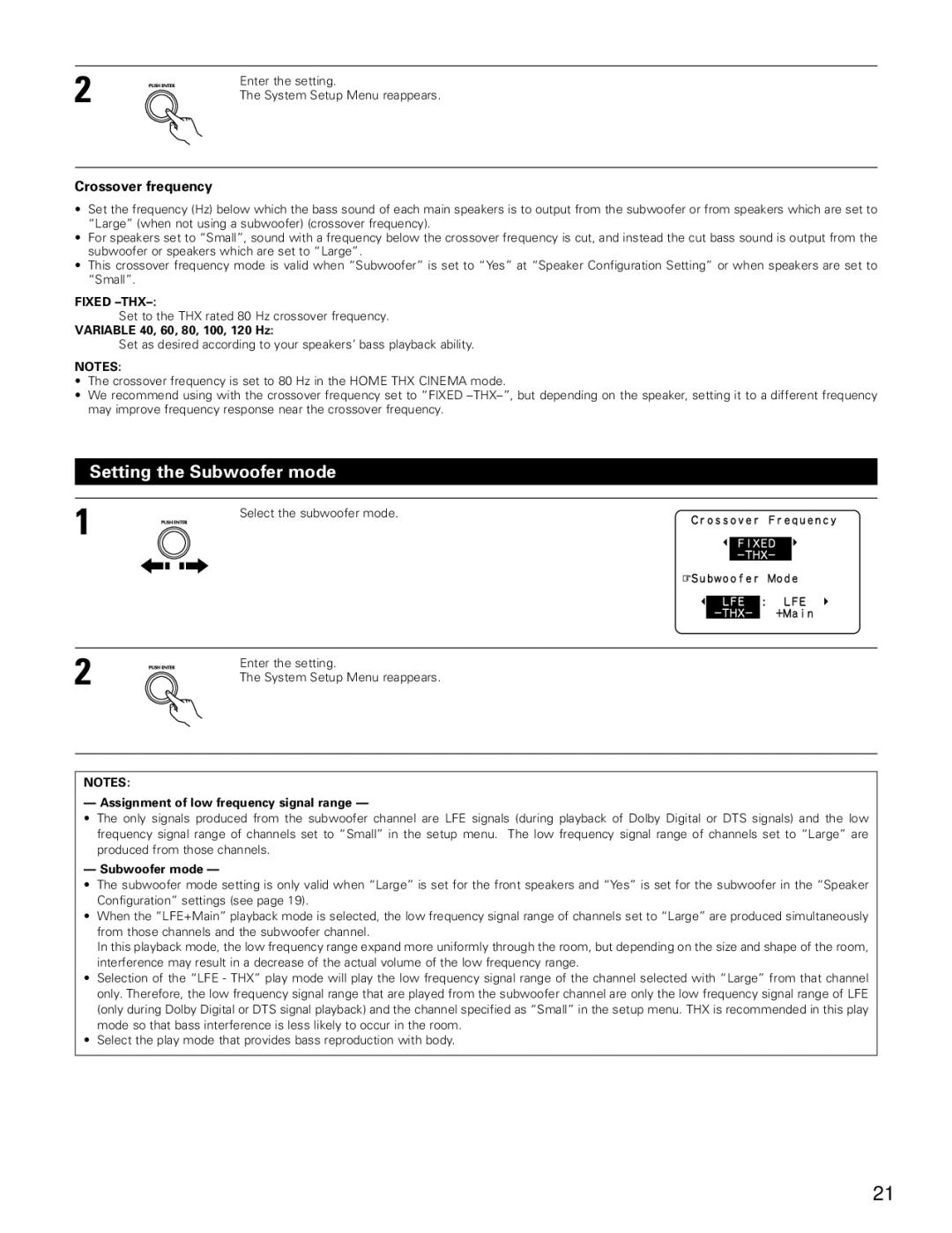 Denon AVR-4802 Setting the Subwoofer mode, Variable 40, 60, 80, 100, 120 Hz, Assignment of low frequency signal range 