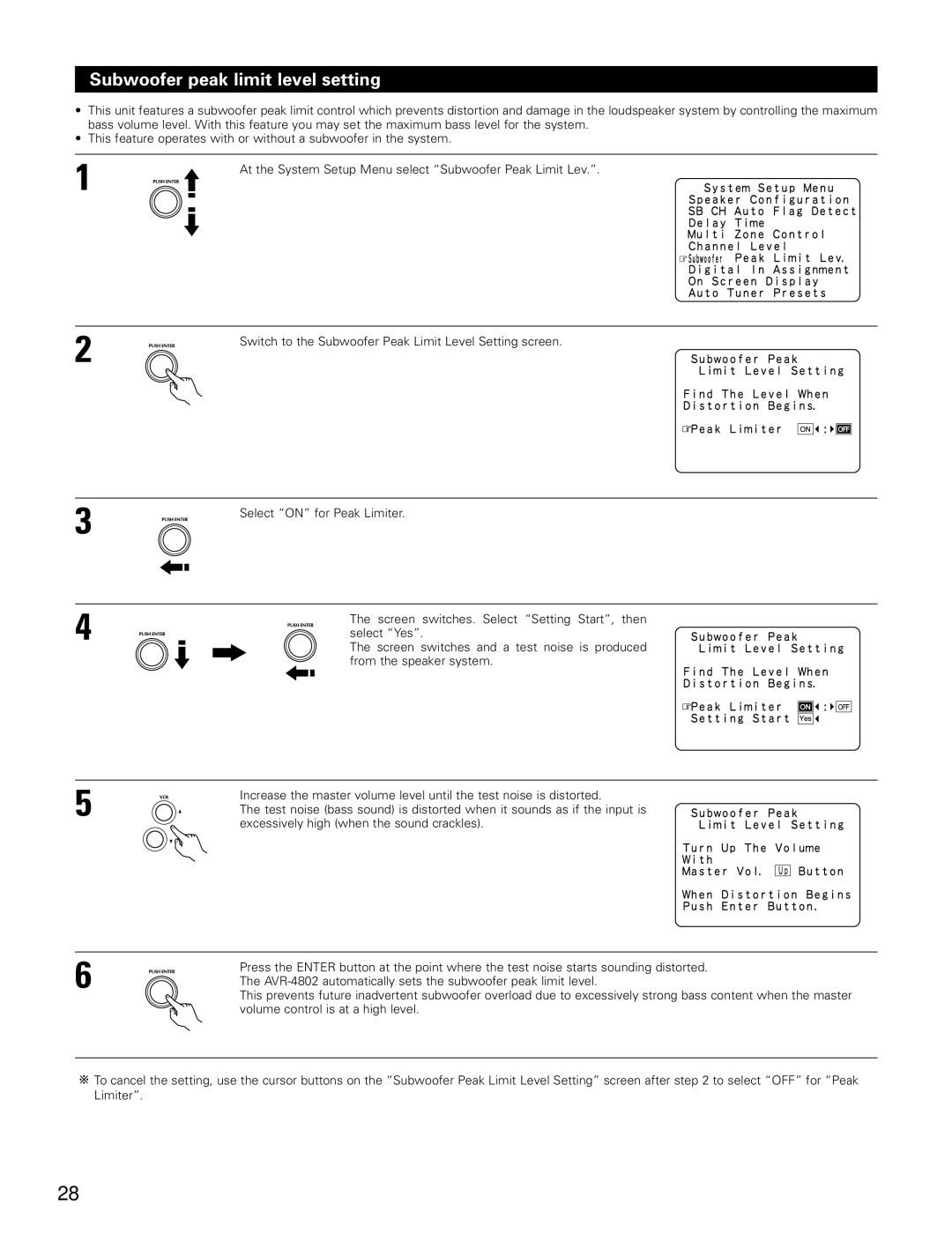 Denon AVR-4802 manual Subwoofer peak limit level setting 