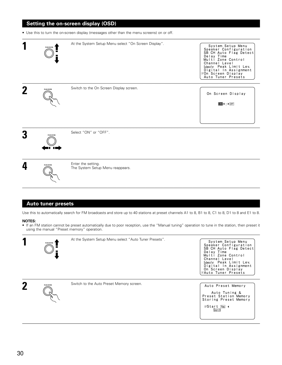 Denon AVR-4802 manual Setting the on-screen display OSD, Auto tuner presets 