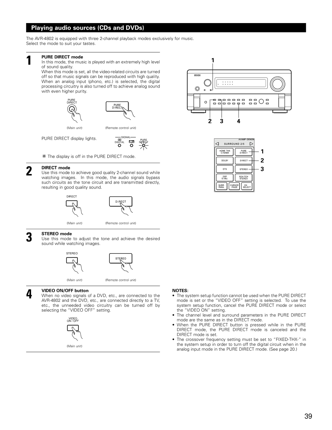 Denon AVR-4802 manual Playing audio sources CDs and DVDs, Pure Direct mode, Stereo mode, Video ON/OFF button 